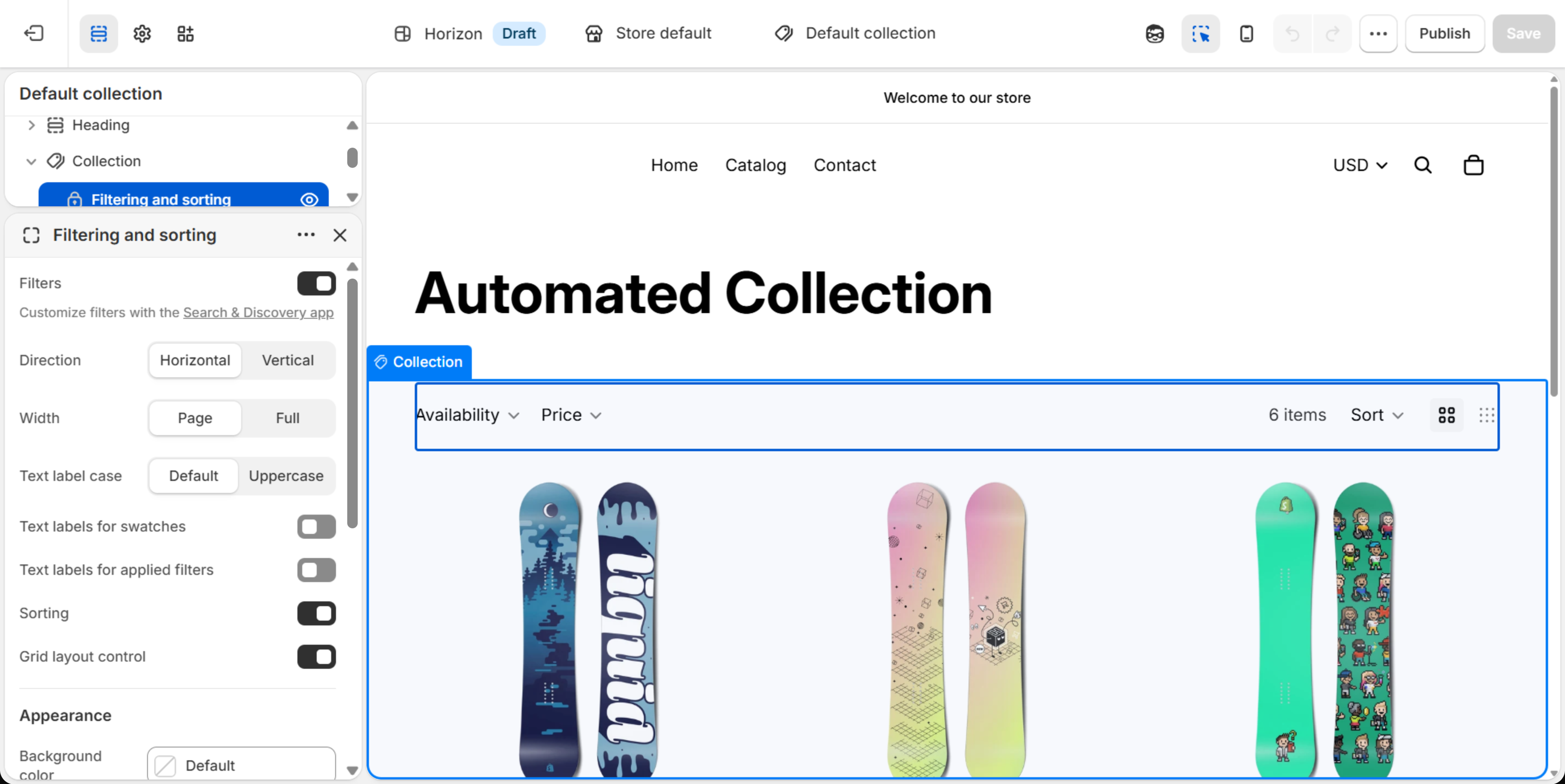 Horizon theme editor with the Filtering and sorting block open and the Sorting switch turned on
