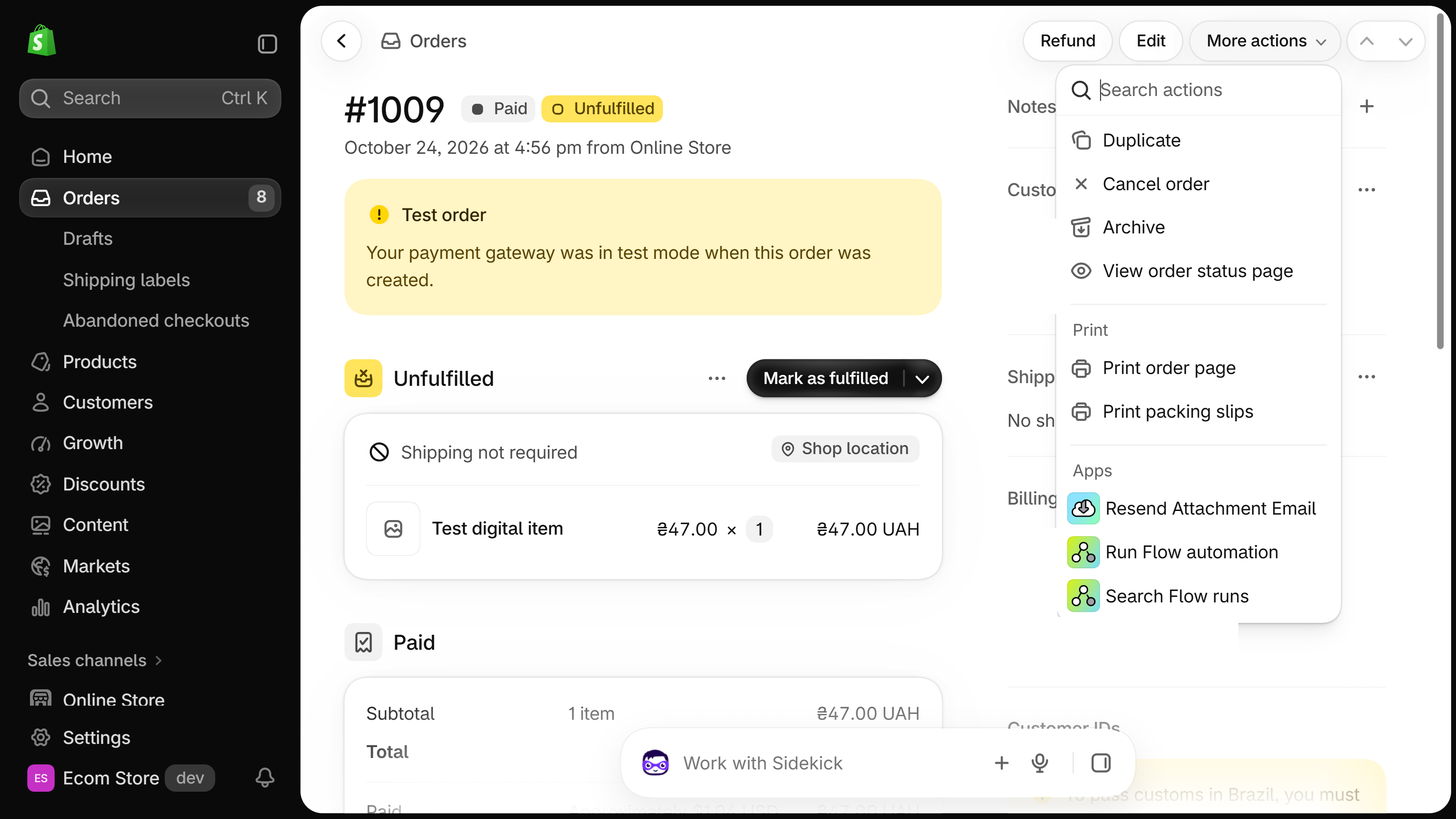 Shopify order page with the More actions menu open and Run Flow automation under Apps