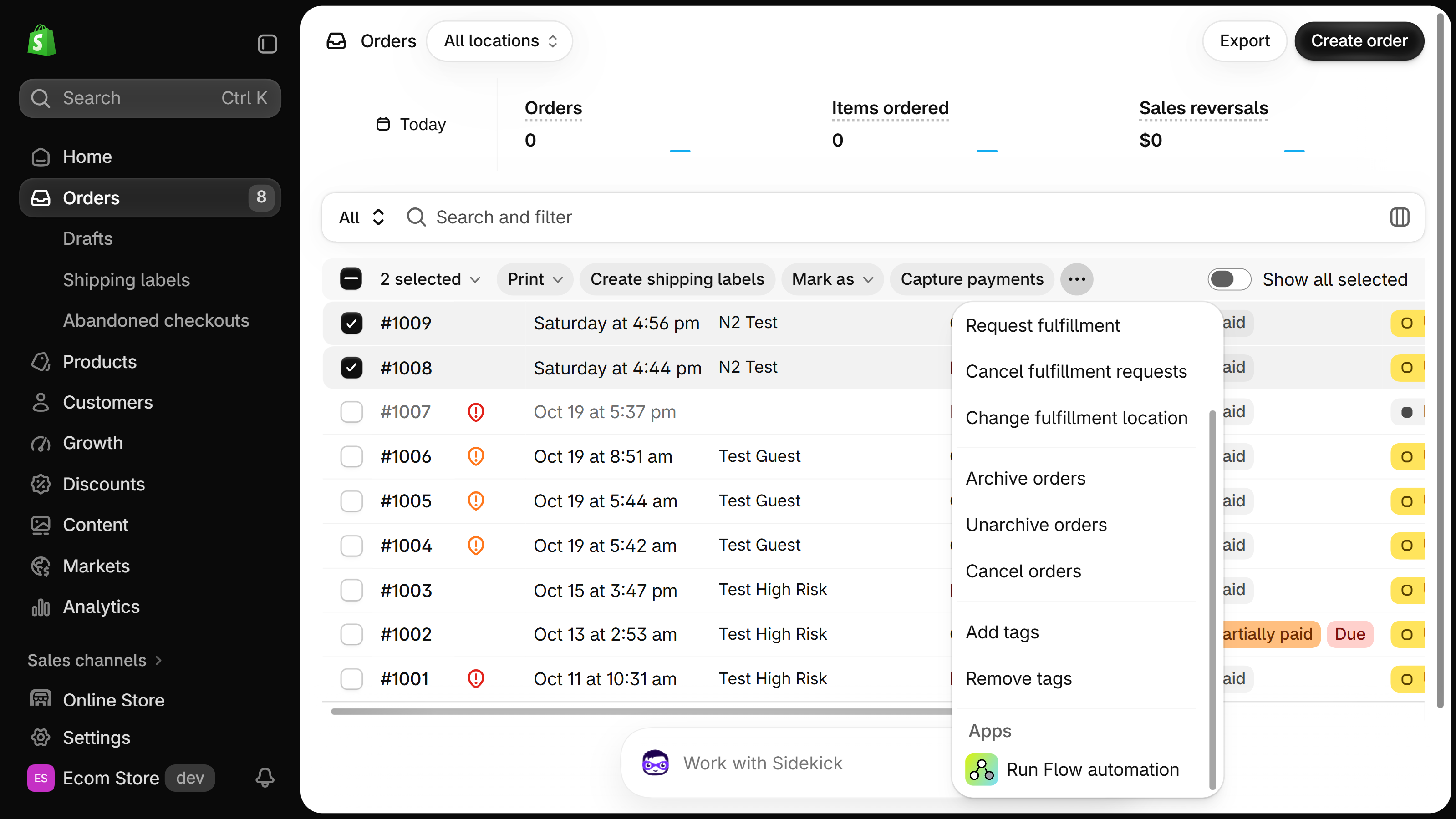 Shopify Orders list with two orders selected and the … menu showing Run Flow automation under Apps