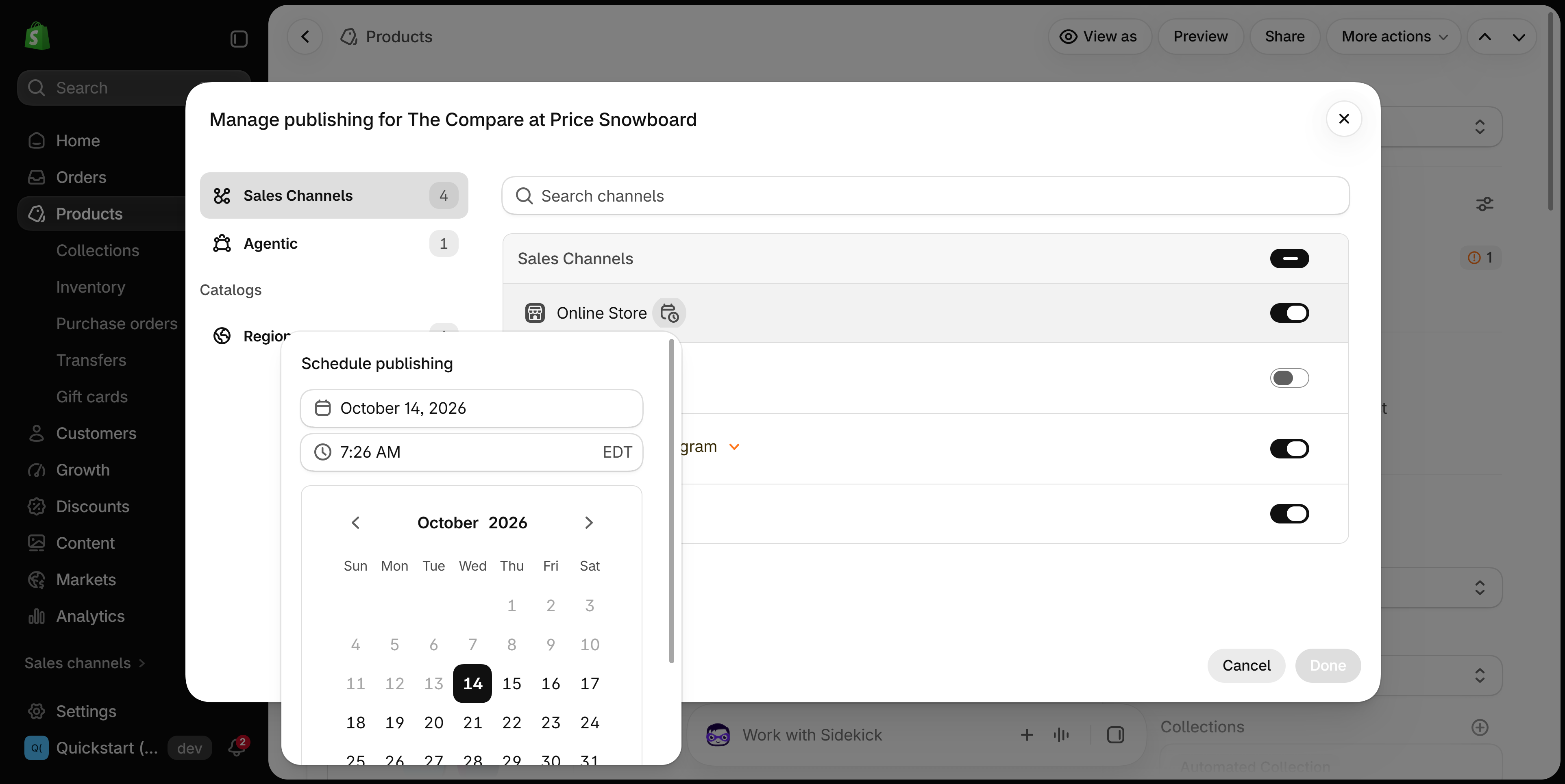Shopify admin Schedule publishing panel with a date field, a time field marked EDT and a month calendar