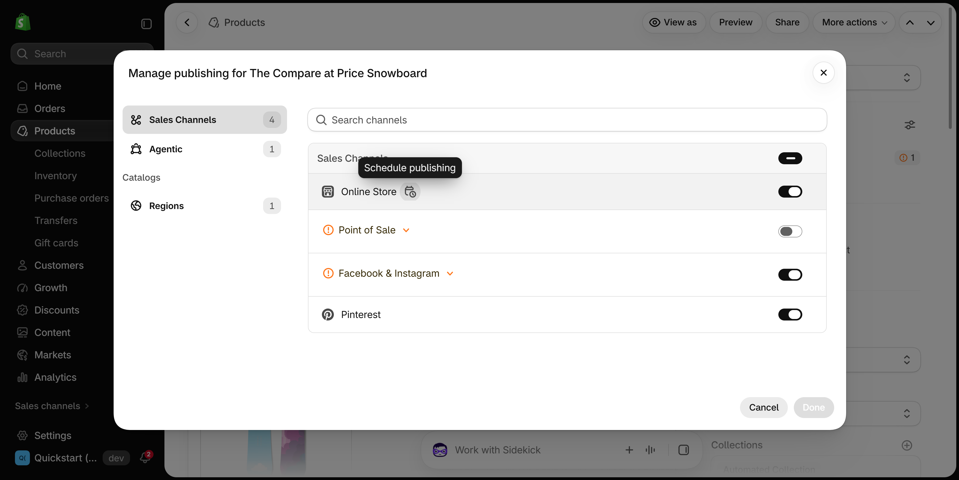 Shopify admin Manage publishing dialog for a product, with a Schedule publishing calendar icon beside the Online Store channel