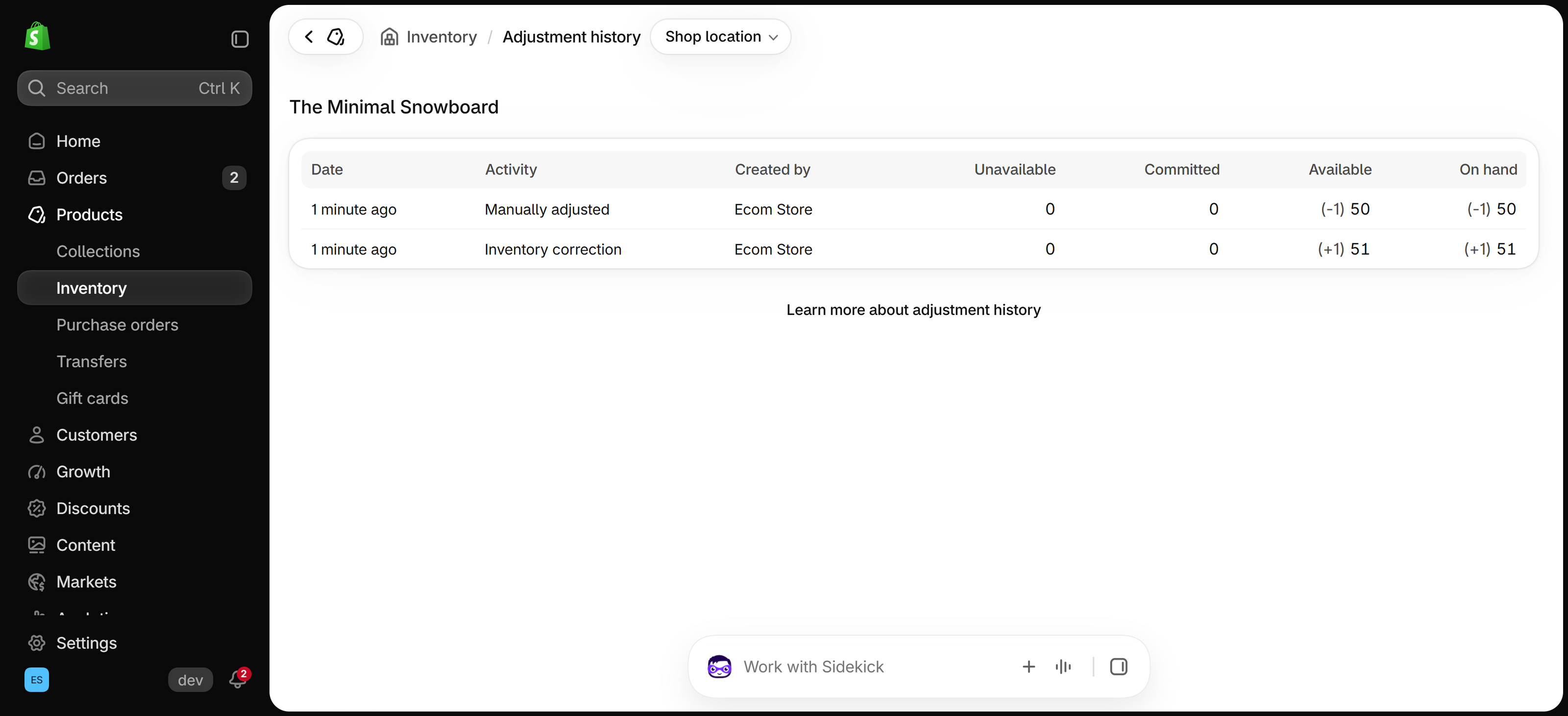 Adjustment history of a sample product with two rows, Inventory correction (+1) 51 and Manually adjusted (-1) 50, plus Date, Created by and state columns