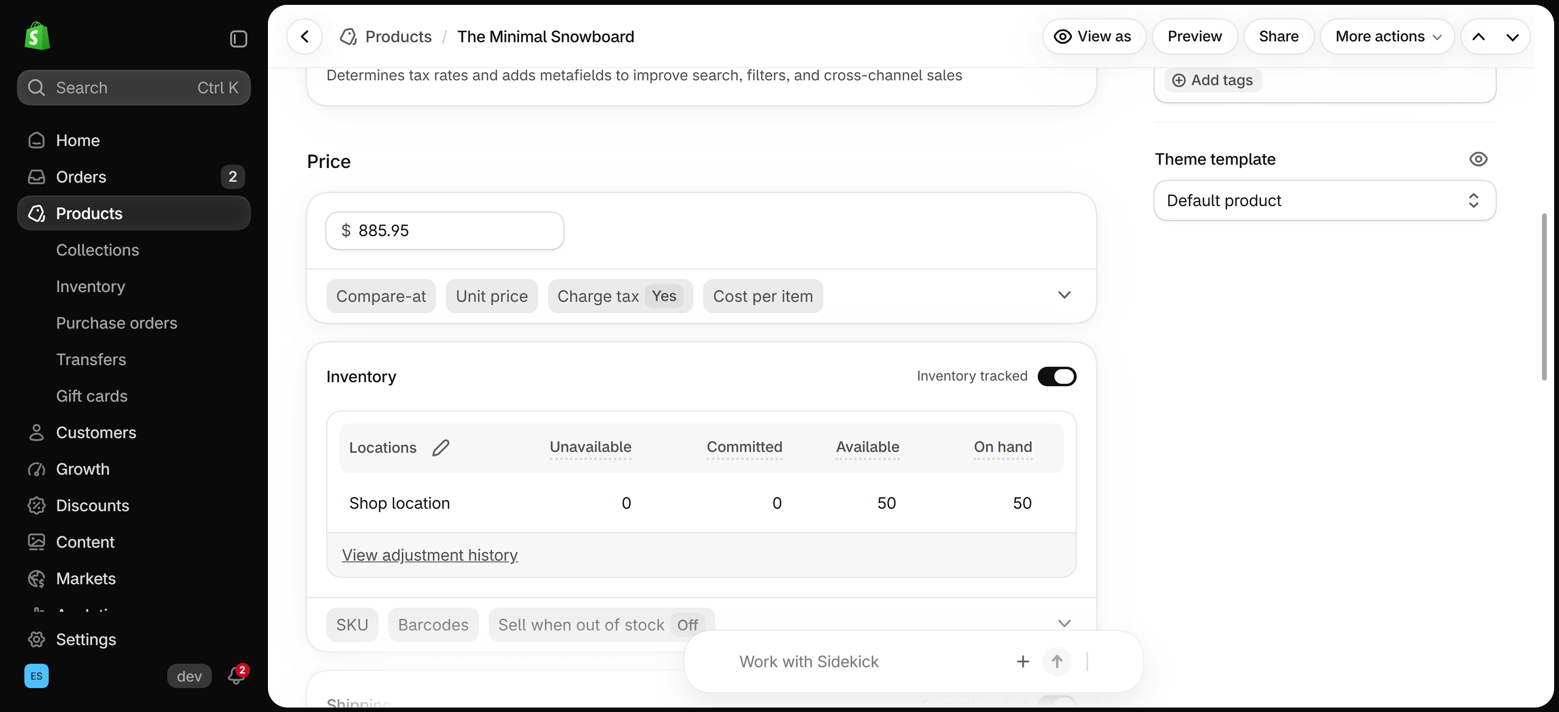 Inventory card on a Shopify product page with Inventory tracked switched on, quantities for Shop location and the View adjustment history link
