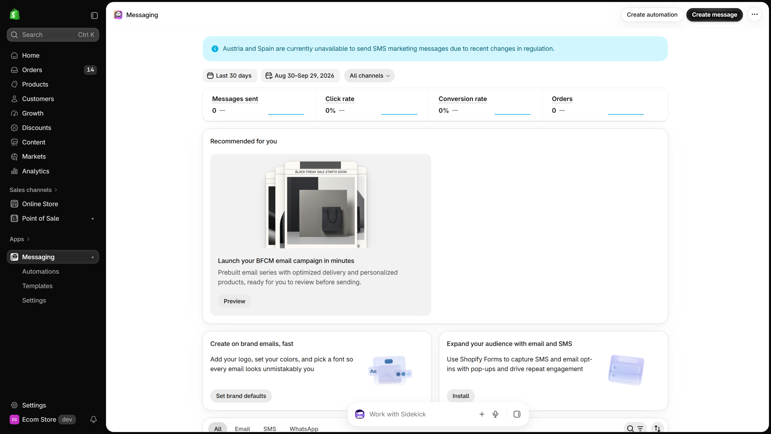 Shopify Messaging app home with Create message and Create automation buttons and performance metrics