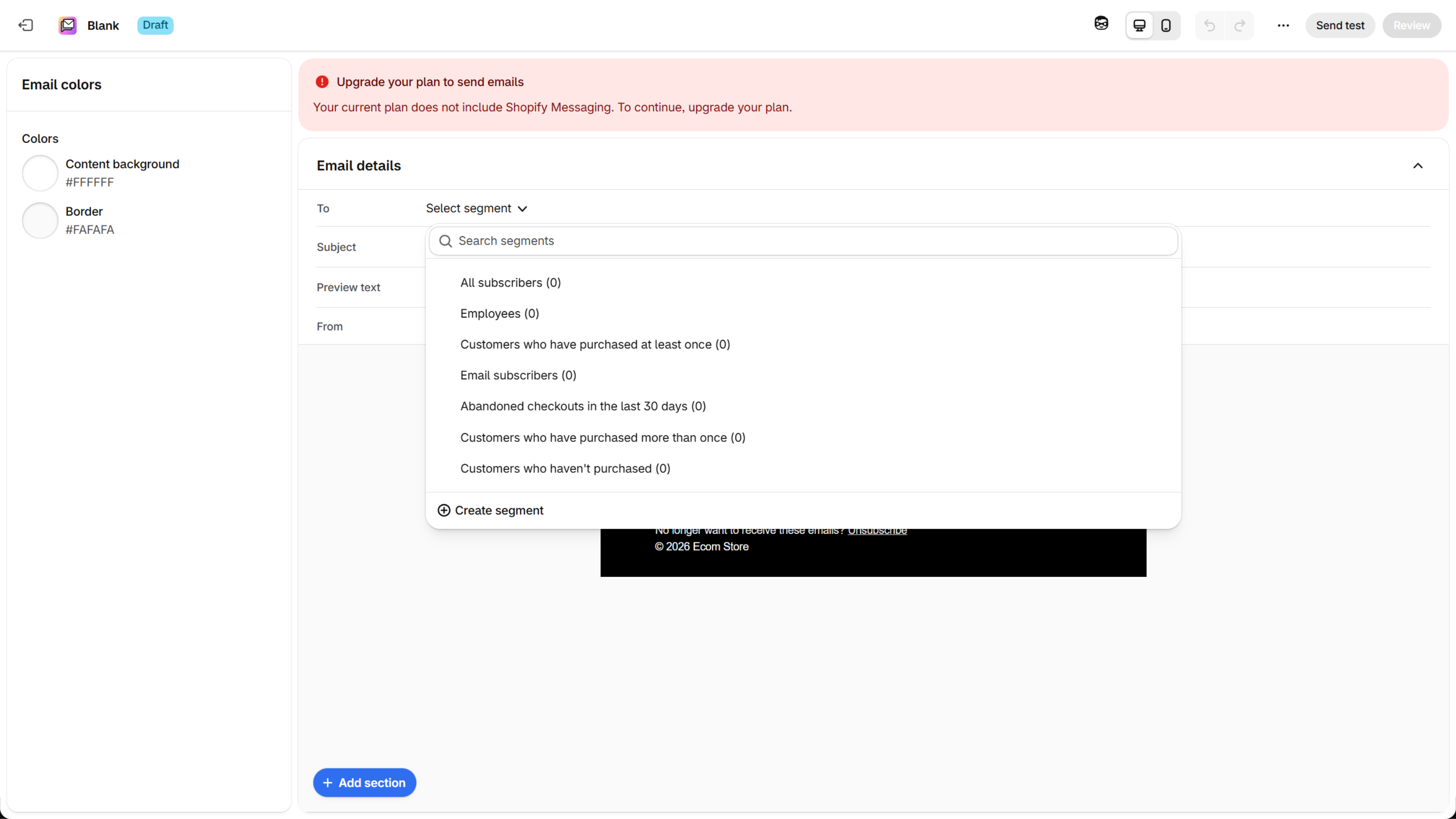 Email campaign draft editor with the To field open listing subscriber segments