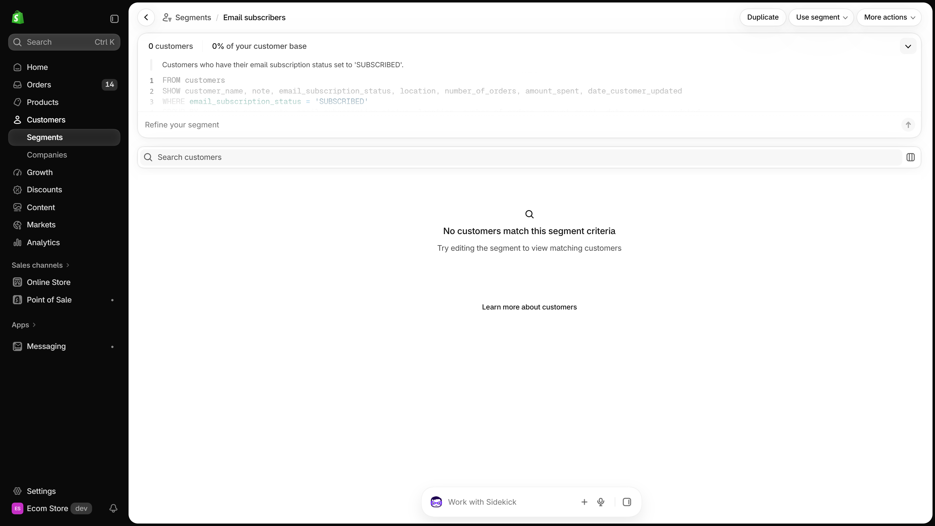 Email subscribers segment page showing its definition and zero matching customers