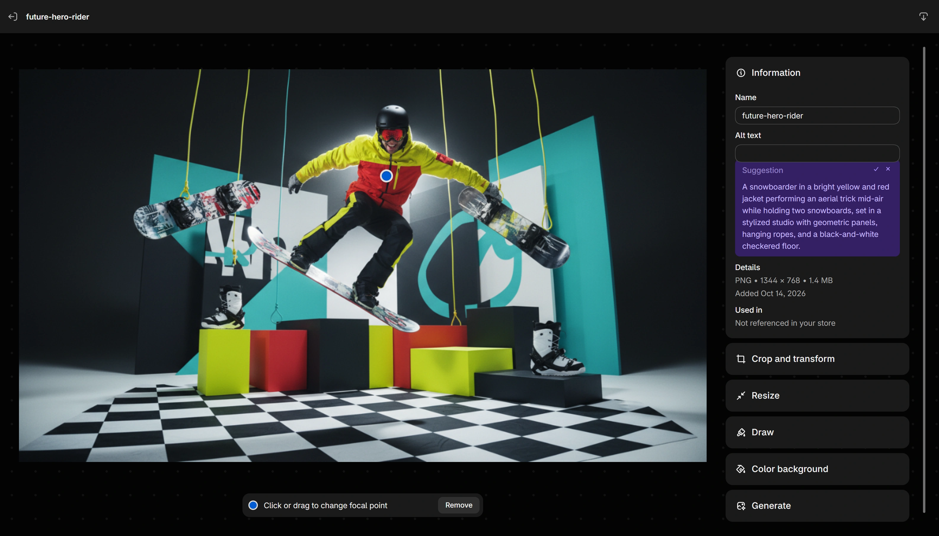 Shopify image editor opened from Files: a blue focal point dot on a snowboarder, the hint Click or drag to change focal point, and a Remove button