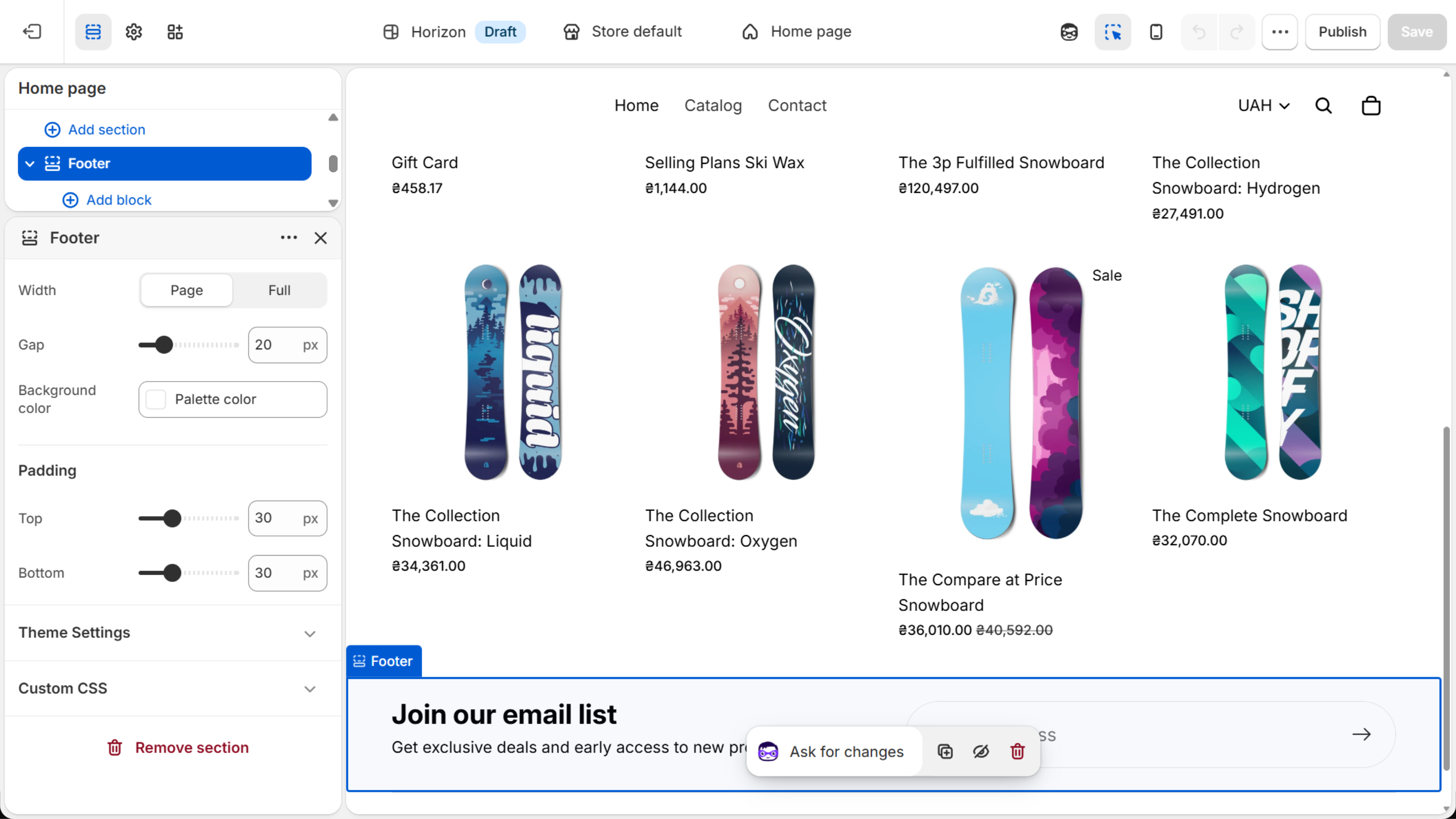 Horizon theme editor in Draft with the Footer section selected in the sidebar, Add block below it, and the Footer section settings panel open