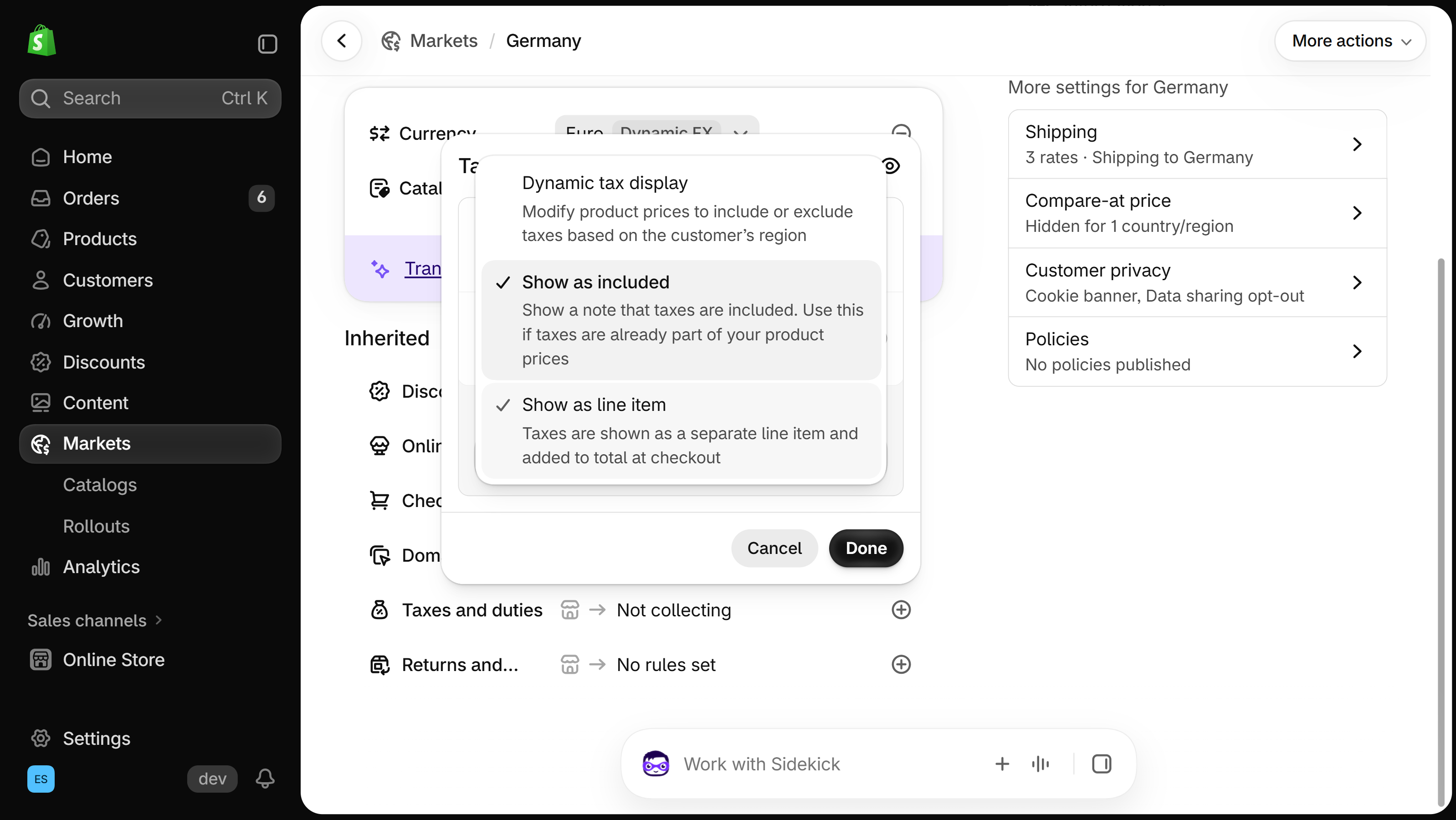 Shopify admin Markets page for the Germany market with the Taxes and duties panel open and its Tax display list showing Dynamic tax display, Show as included and Show as line item, each with a short description, above Cancel and Done buttons