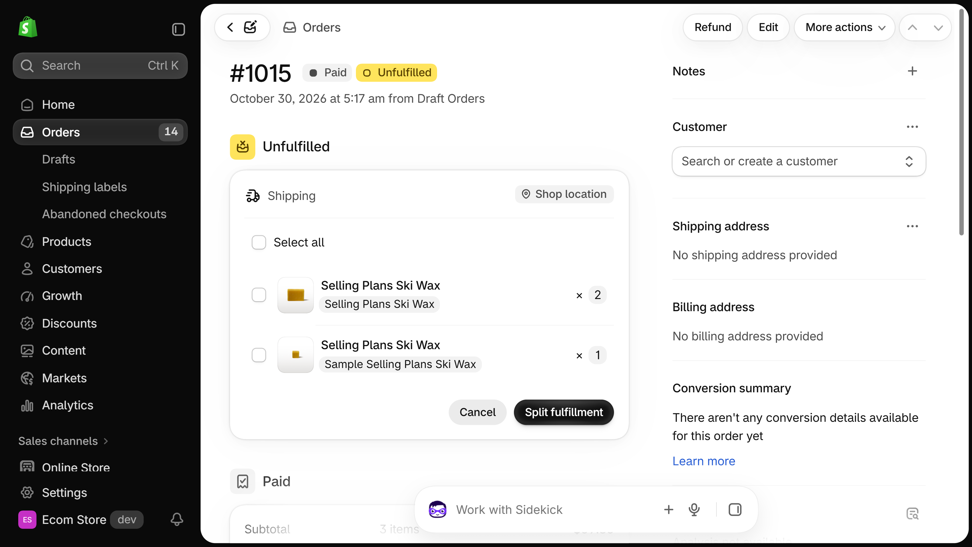 Shopify admin Unfulfilled section in split mode with a checkbox for each line item and Cancel and Split fulfillment buttons