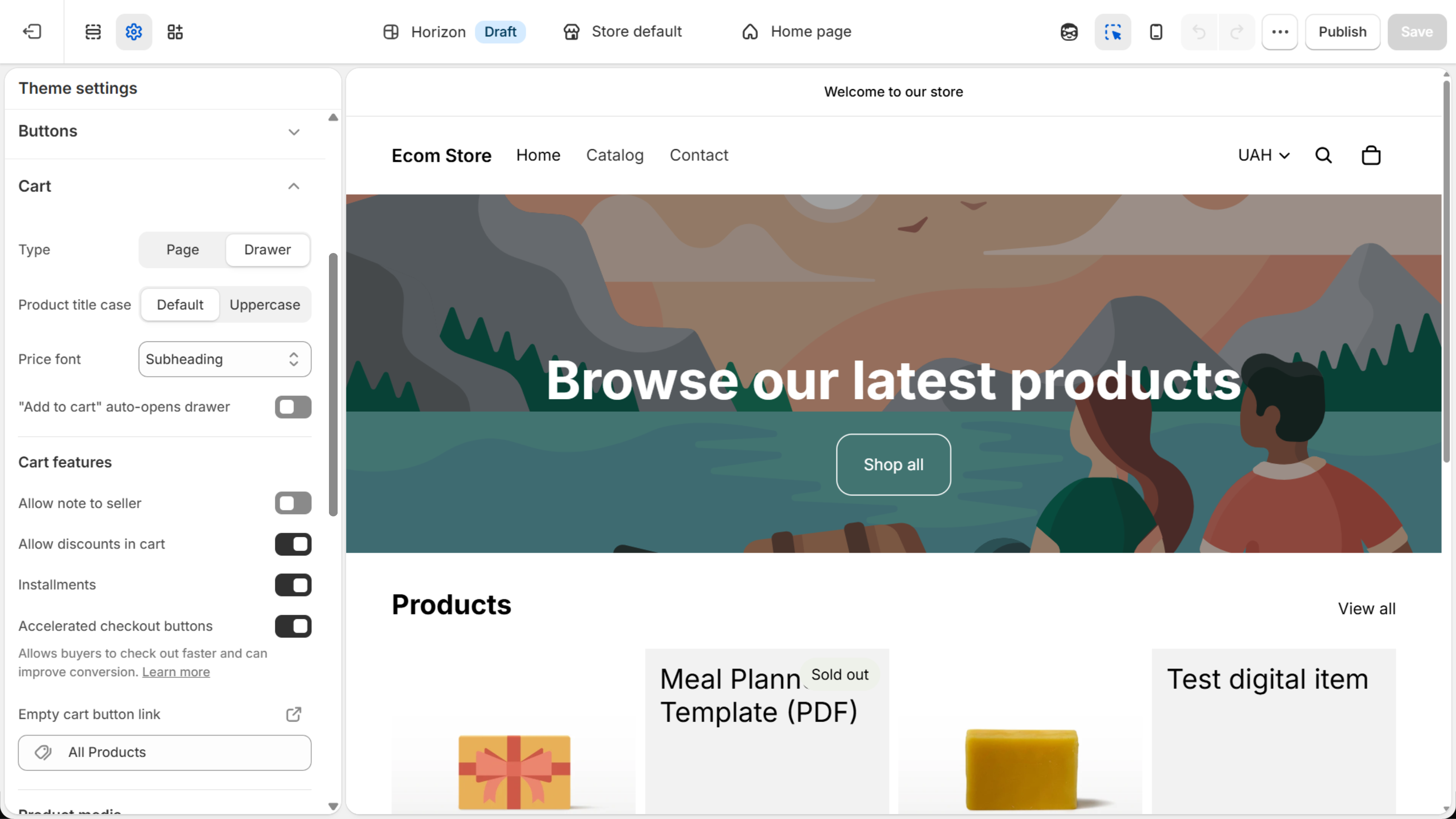 Horizon theme editor, Cart section scrolled down: Type set to Drawer, the Add to cart auto-opens drawer toggle, a Cart features group with Allow note to seller, Allow discounts in cart, Installments and Accelerated checkout buttons, and an Empty cart button link set to All Products.