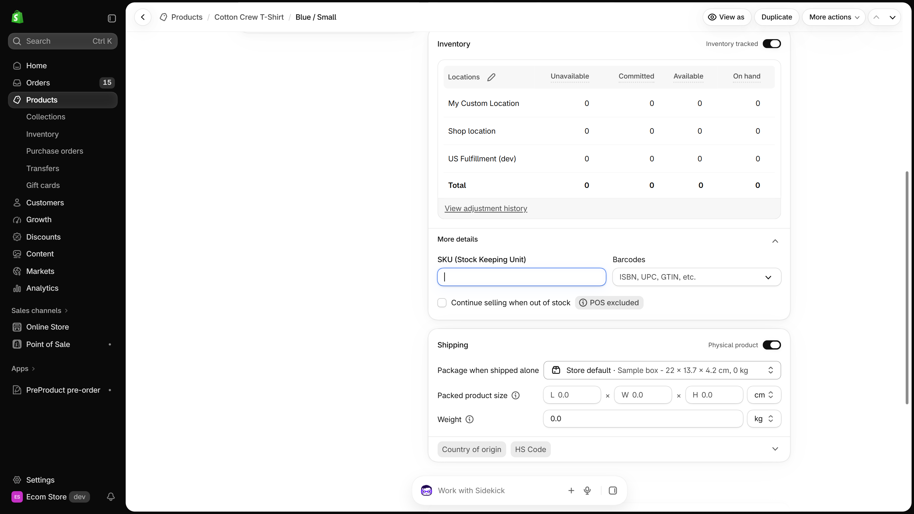 Shopify admin variant page (Blue / Small) of a multi-variant product: the Inventory card with the Locations table and the More details block showing the SKU (Stock Keeping Unit) field, Barcodes and the Continue selling when out of stock checkbox.