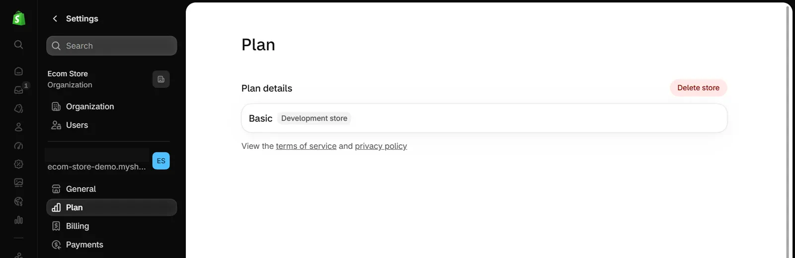 Shopify admin settings with Plan selected in the left menu; the Plan details block reads Basic, Development store, and a Delete store button sits at its top right