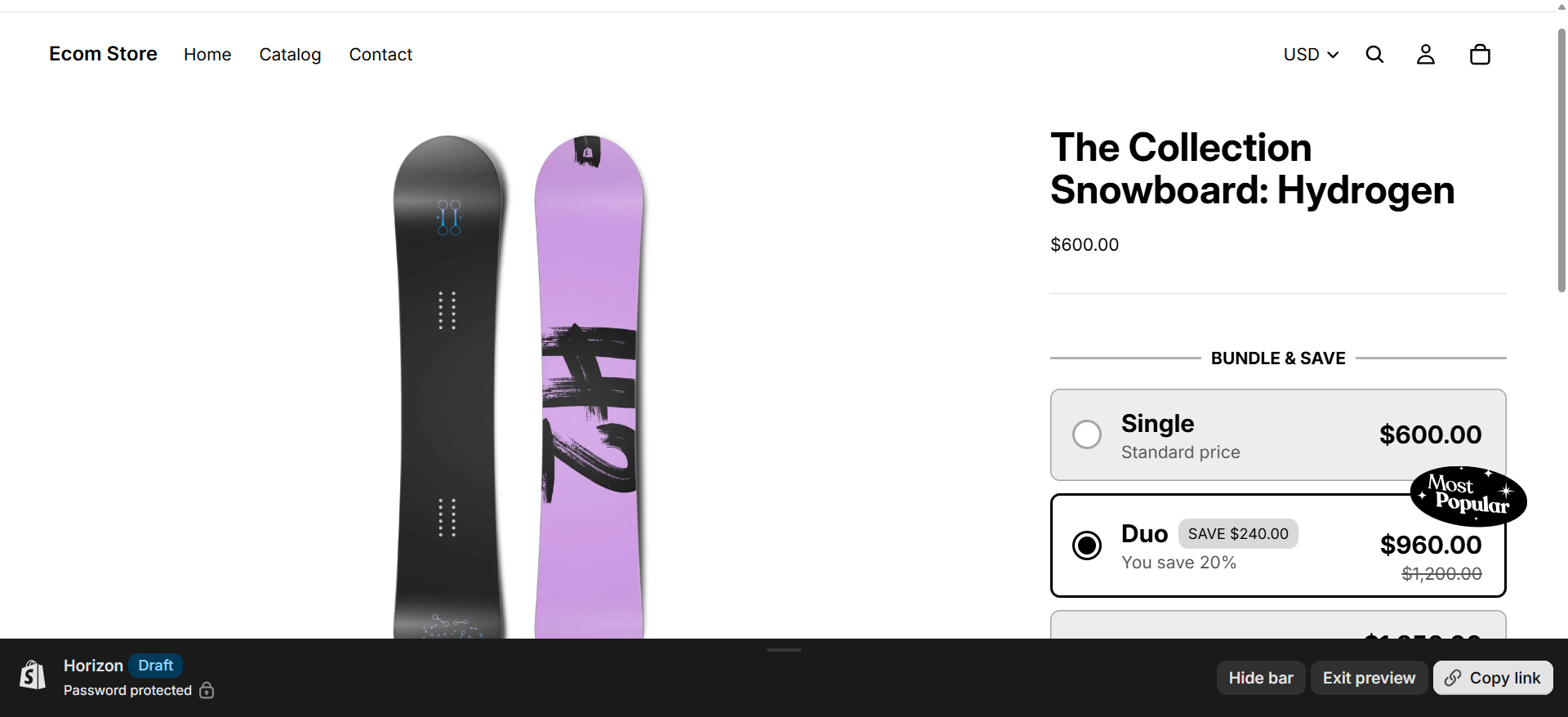 Product page for The Collection Snowboard: Hydrogen at $600.00 in a preview of Shopify's Horizon theme marked Draft, with Kaching's BUNDLE & SAVE widget: Single, standard price $600.00; Duo, selected and badged Most Popular, SAVE $240.00, You save 20%, $960.00 instead of $1,200.00.