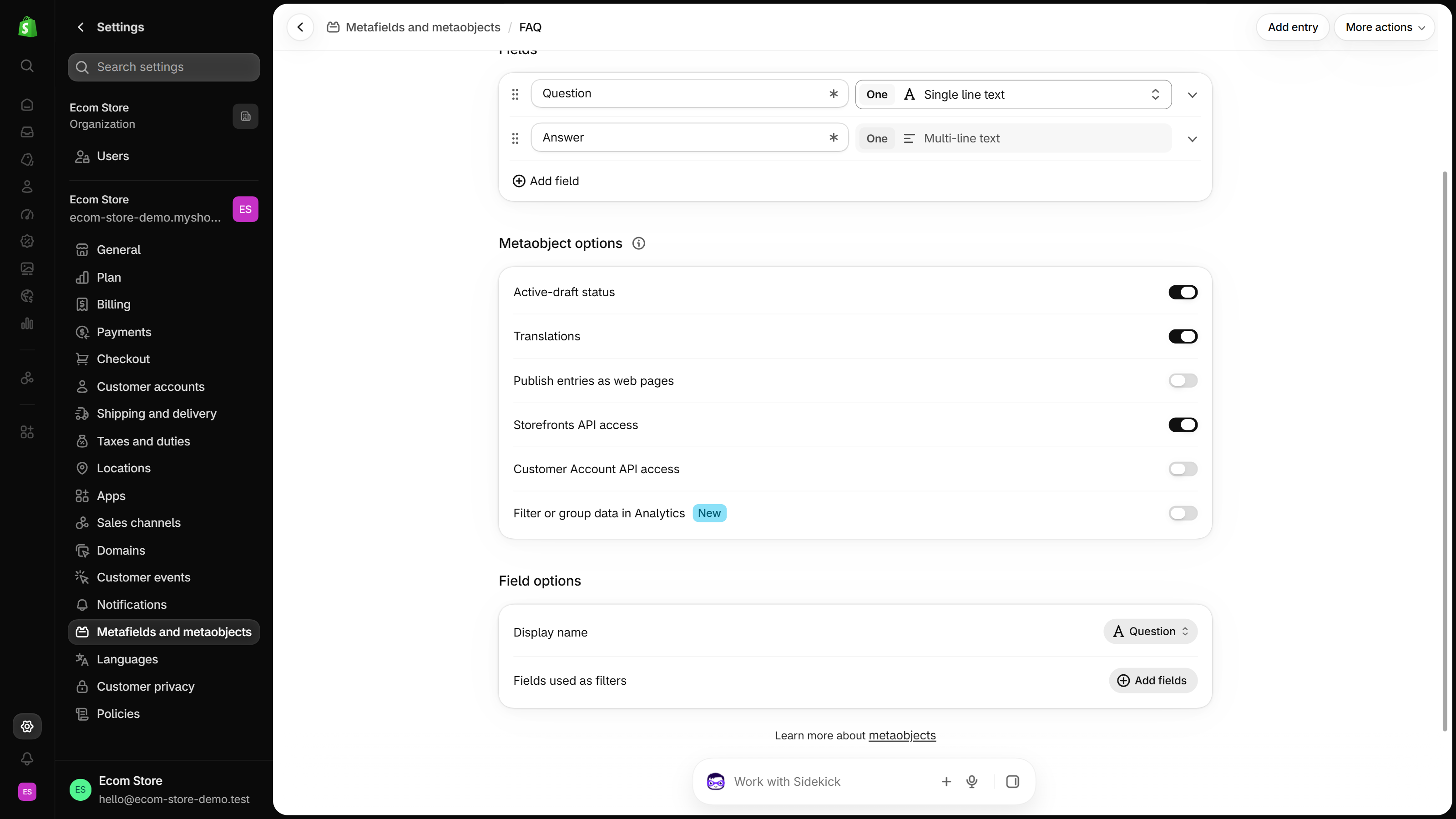 Shopify admin FAQ metaobject definition with a Question single line text field, an Answer multi-line text field and Storefronts API access switched on
