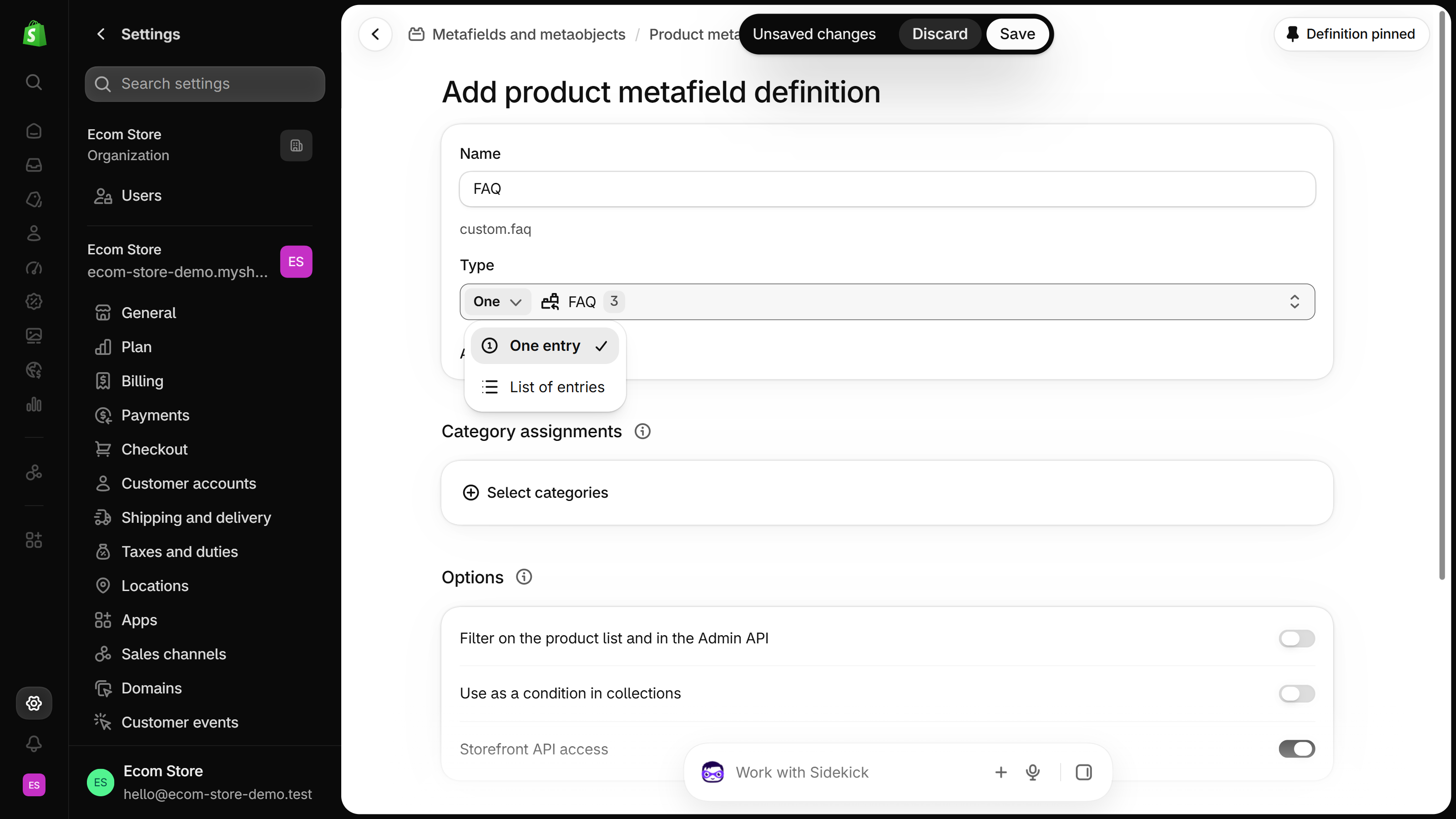 Shopify admin Add product metafield definition form with type Metaobject FAQ and the menu open on One entry and List of entries