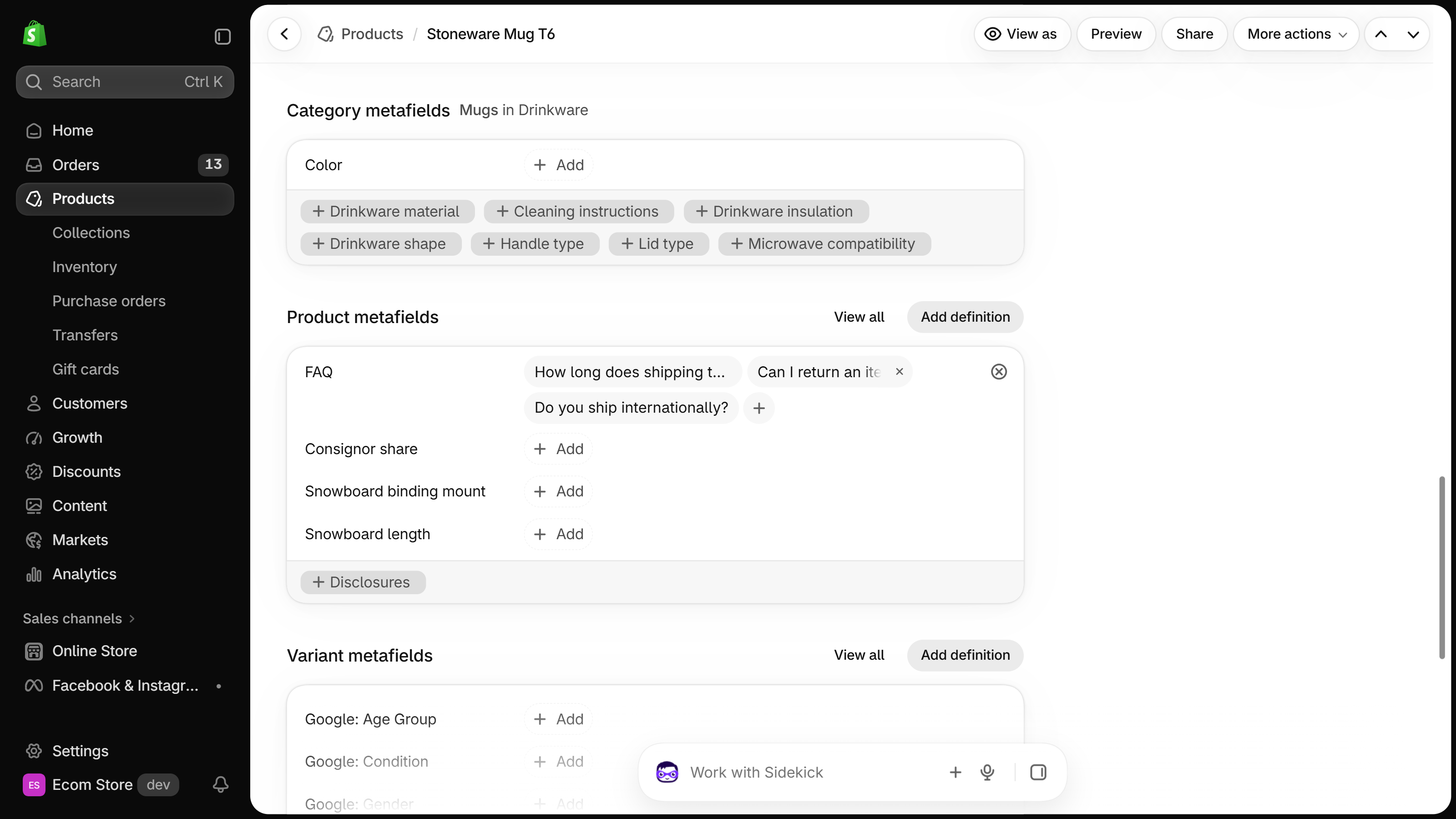Shopify admin product page with the Product metafields card showing an FAQ row holding three entries