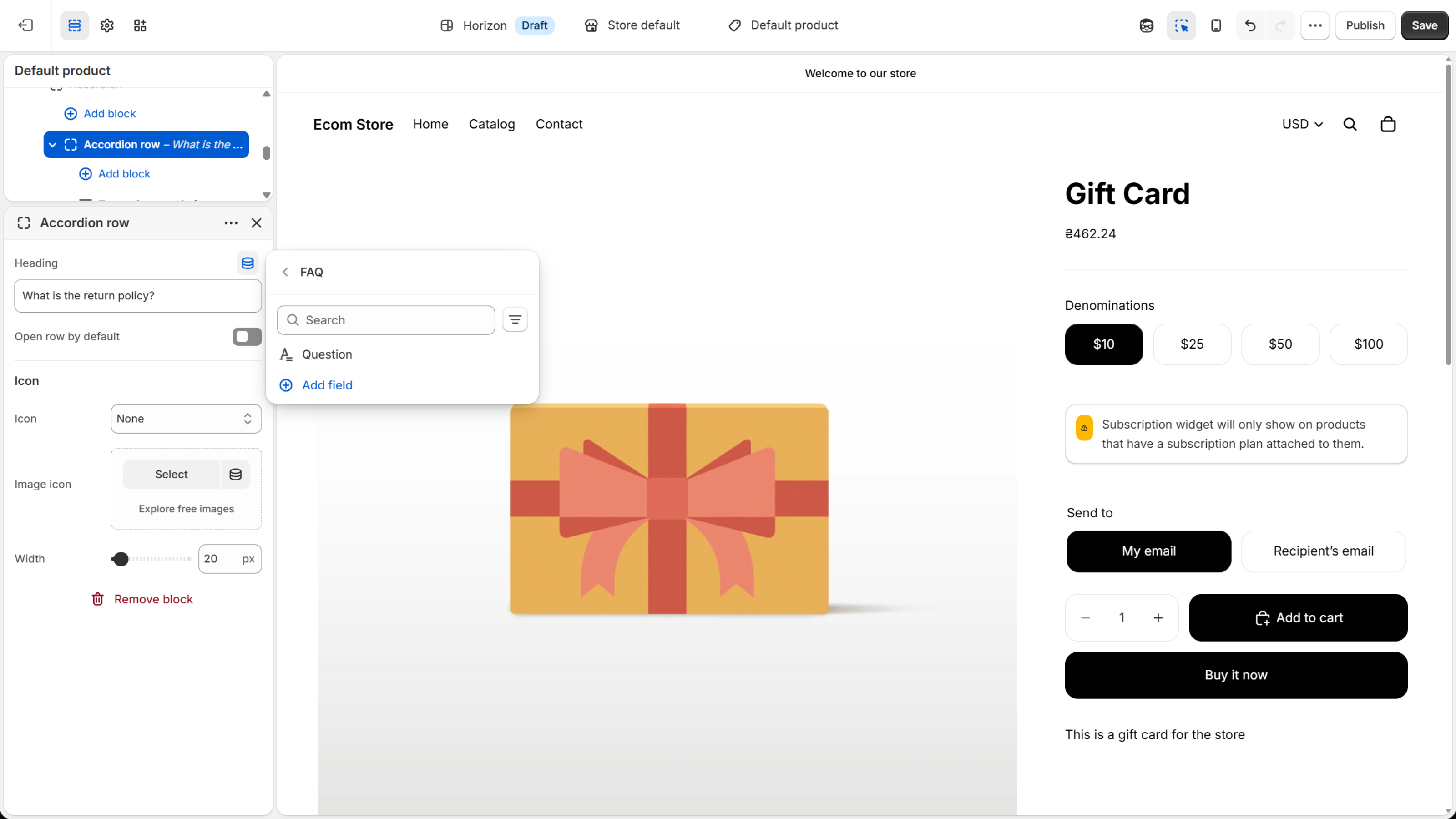 Horizon theme editor on the Default product template with an Accordion row heading's dynamic source picker listing the FAQ Question field
