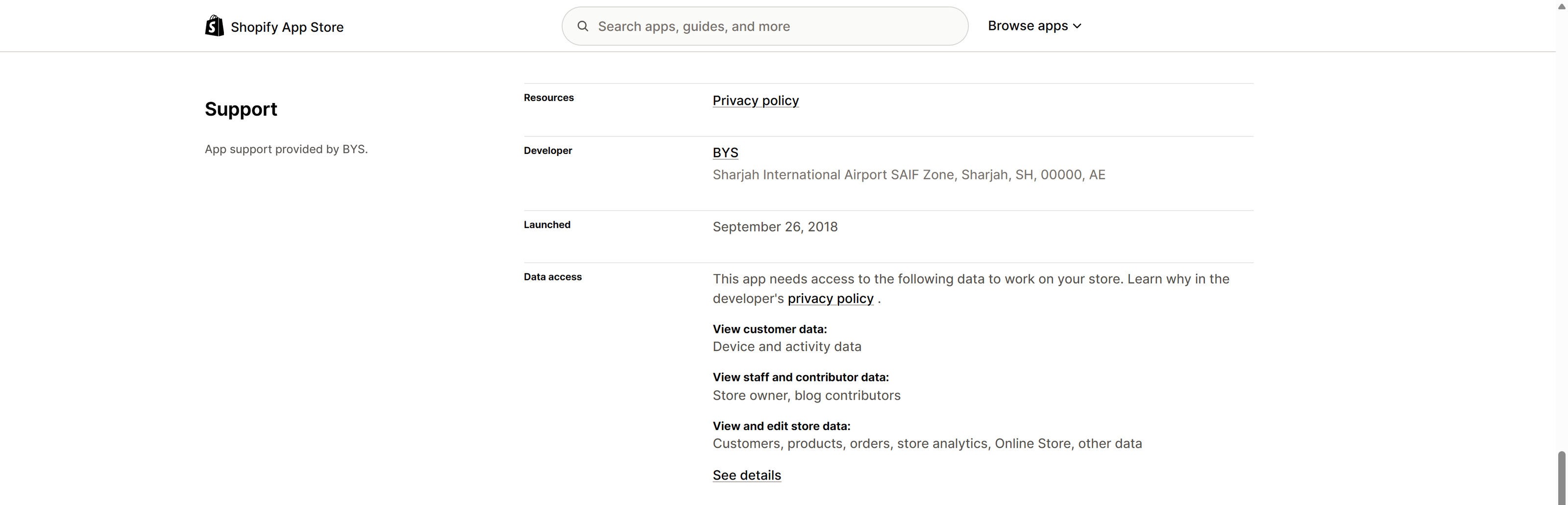 Shopify App Store listing for ZipStore AI Store Builder, showing support by BYS, the developer line with its address, the launch date and the Data access block with customer, staff and store data permissions