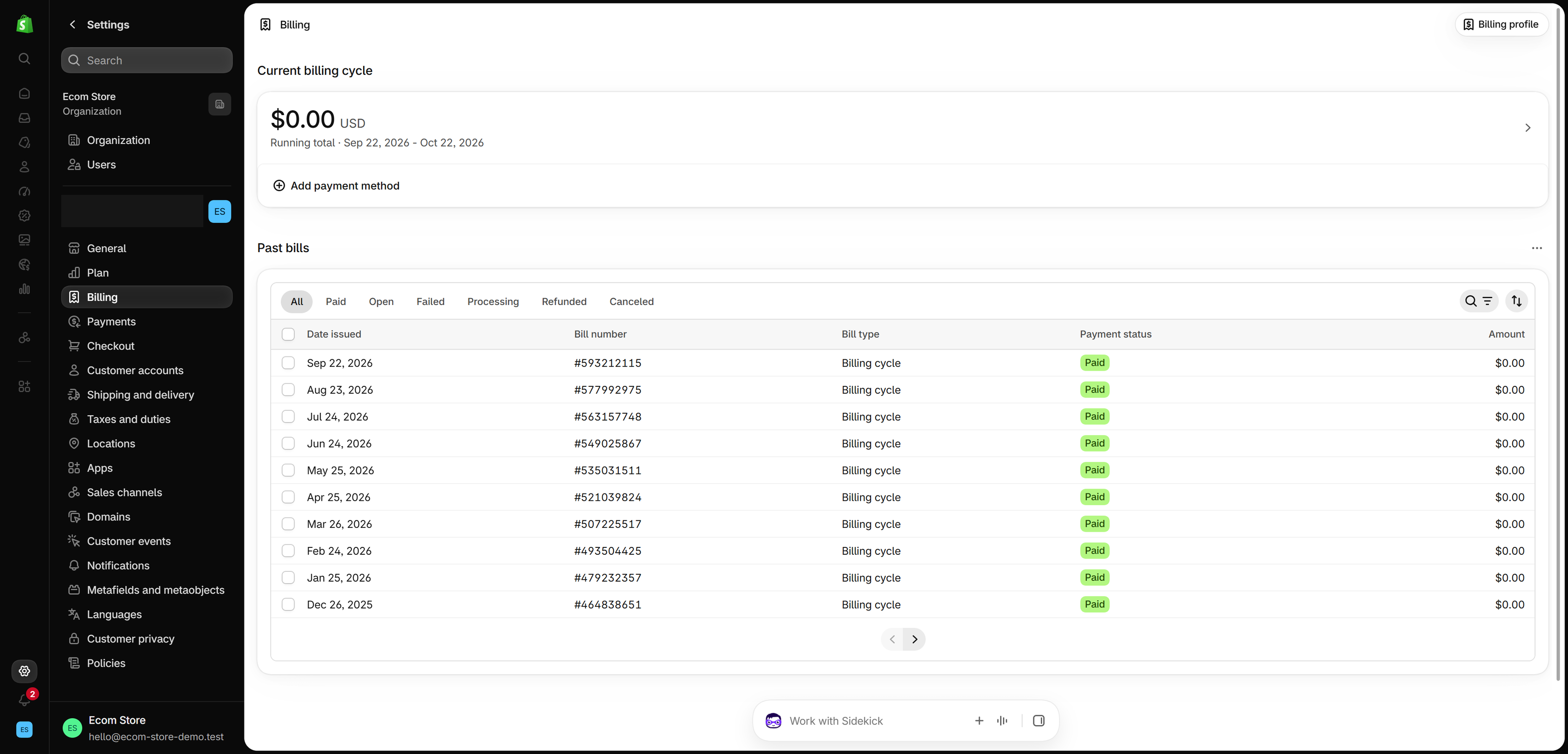 Billing page in the Shopify admin settings, with a running total for the current billing cycle and a Past bills table with status tabs