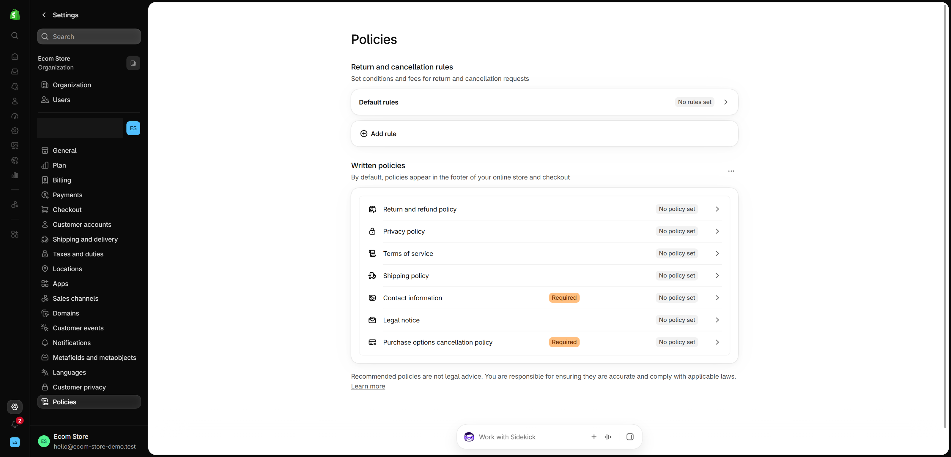 Policies page in the Shopify admin settings, listing return and cancellation rules and the written policies, each marked No policy set, above a note that recommended policies are not legal advice