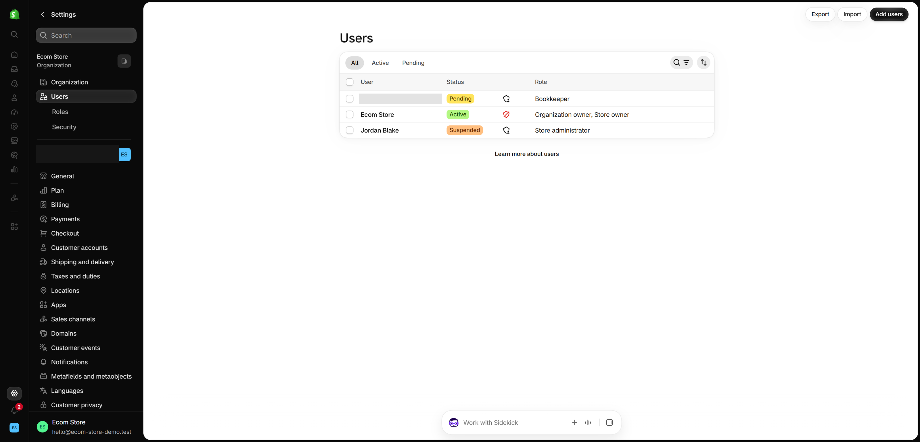 Users page in the Shopify admin settings, with All, Active and Pending tabs and a Role column showing one user as Organization owner and Store owner