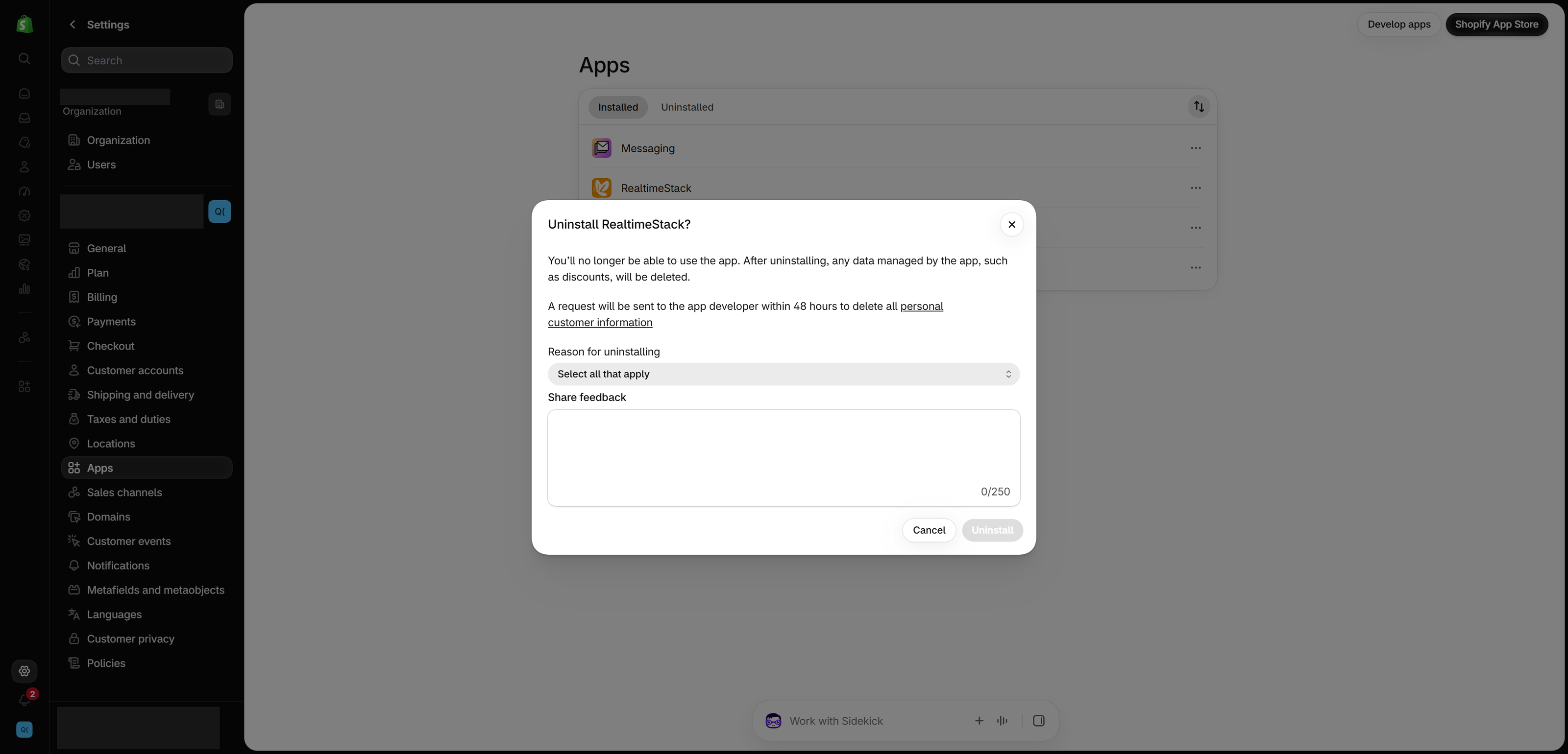 Uninstall dialog for an app in the Shopify admin's Apps settings, explaining that data the app manages will be deleted and a request will go to the developer to delete personal customer information, with reason and feedback fields and Cancel and Uninstall buttons