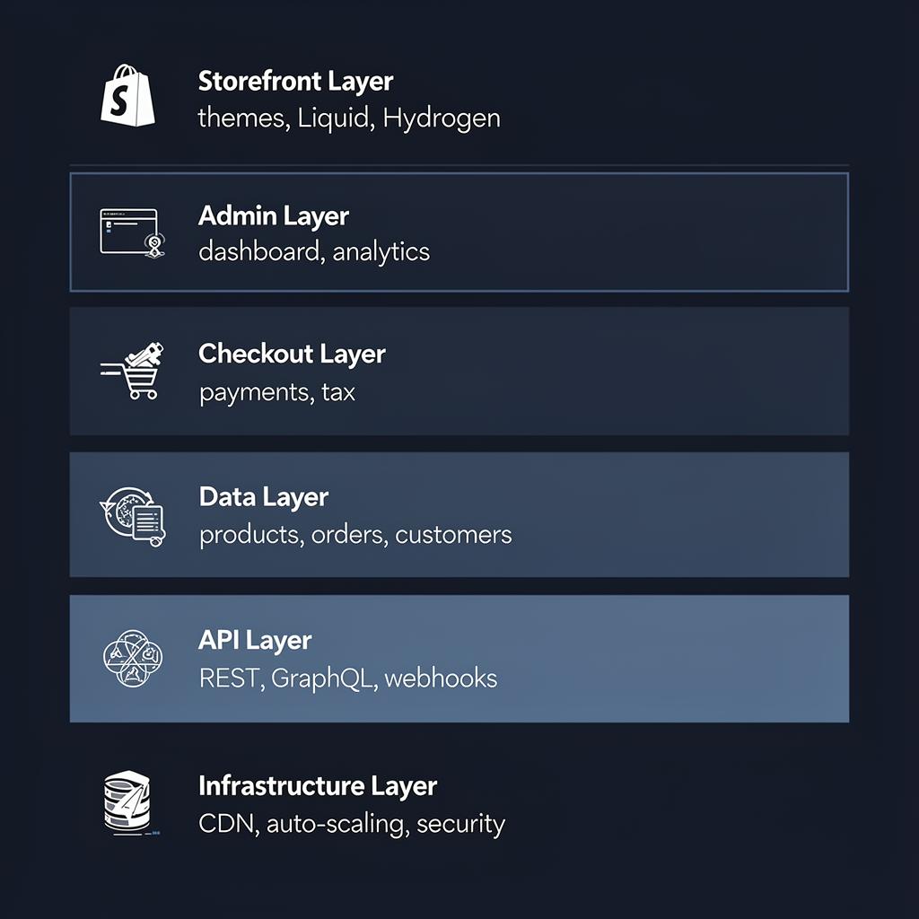 Shopify platform architecture diagram showing six layers: Storefront (themes, Liquid, Hydrogen), Admin (dashboard, analytics), Checkout (payments, tax), Data (products, orders, customers), API (REST, GraphQL, webhooks), and Infrastructure (CDN, auto-scaling, security)