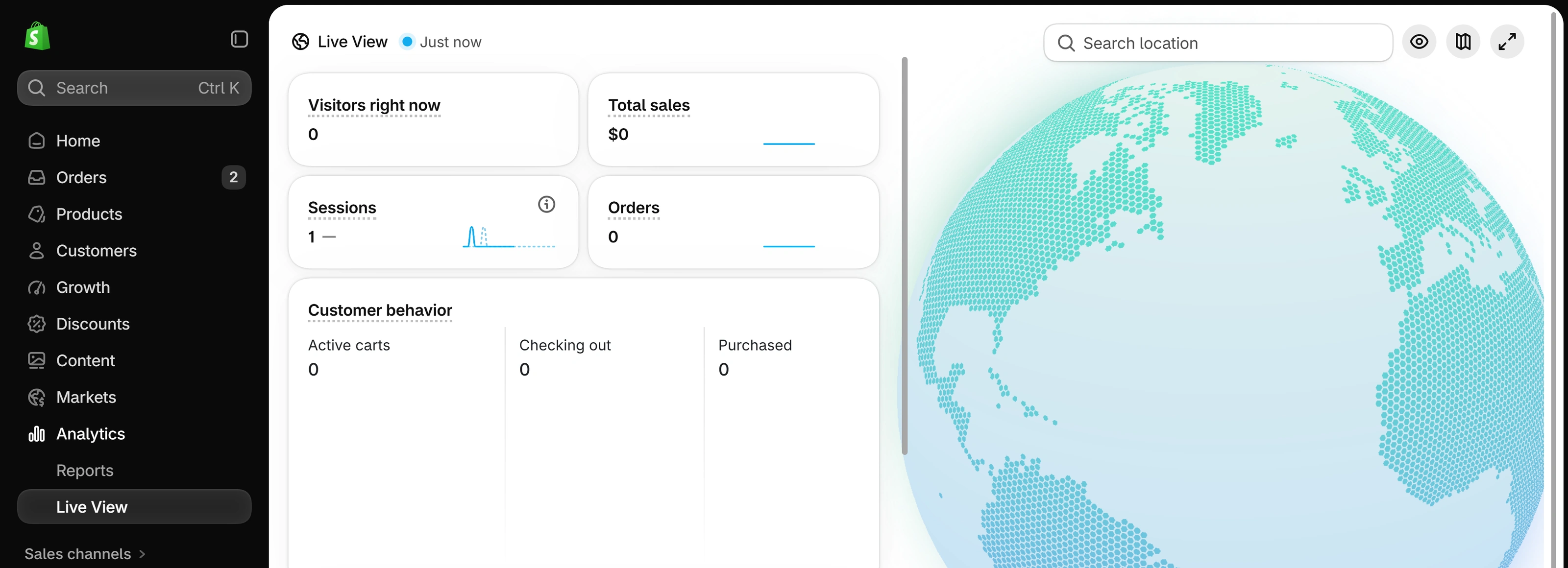 Live View page with cards for Visitors right now, Total sales, Sessions and Orders, a Customer behavior block with Active carts, Checking out and Purchased, and a dotted globe on the right.