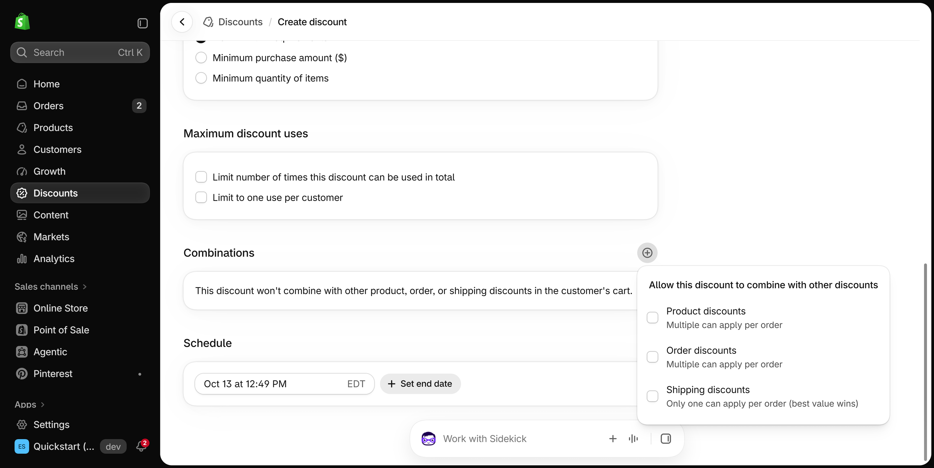 Create discount form for amount off products, scrolled to Maximum discount uses with two limit checkboxes, then Combinations with its panel open listing Product, Order and Shipping discounts, above the Schedule start time in EDT.