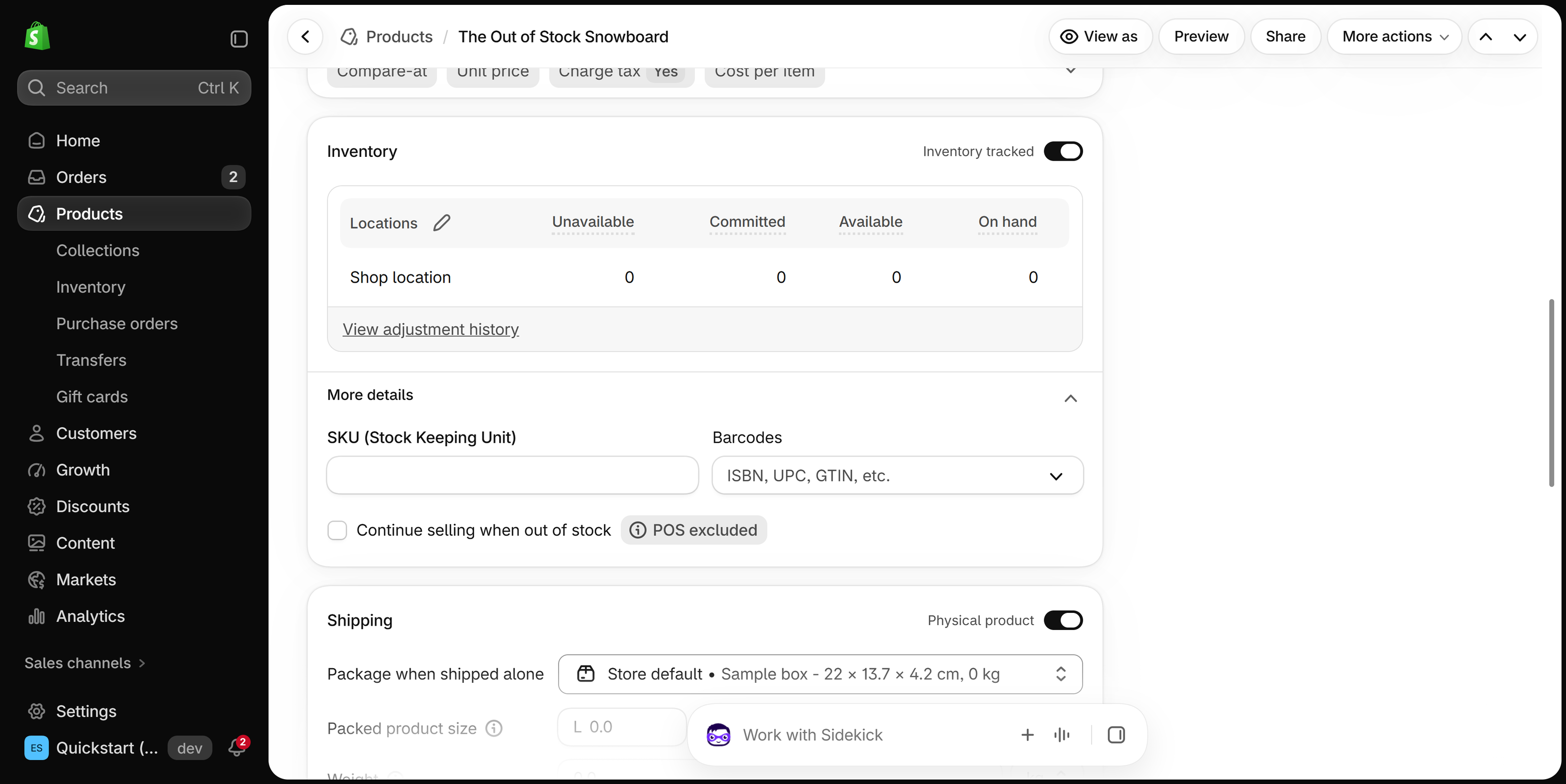 Product page Inventory card with the Inventory tracked switch turned on, the stock table for one location, and the More details area with an unchecked Continue selling when out of stock checkbox.
