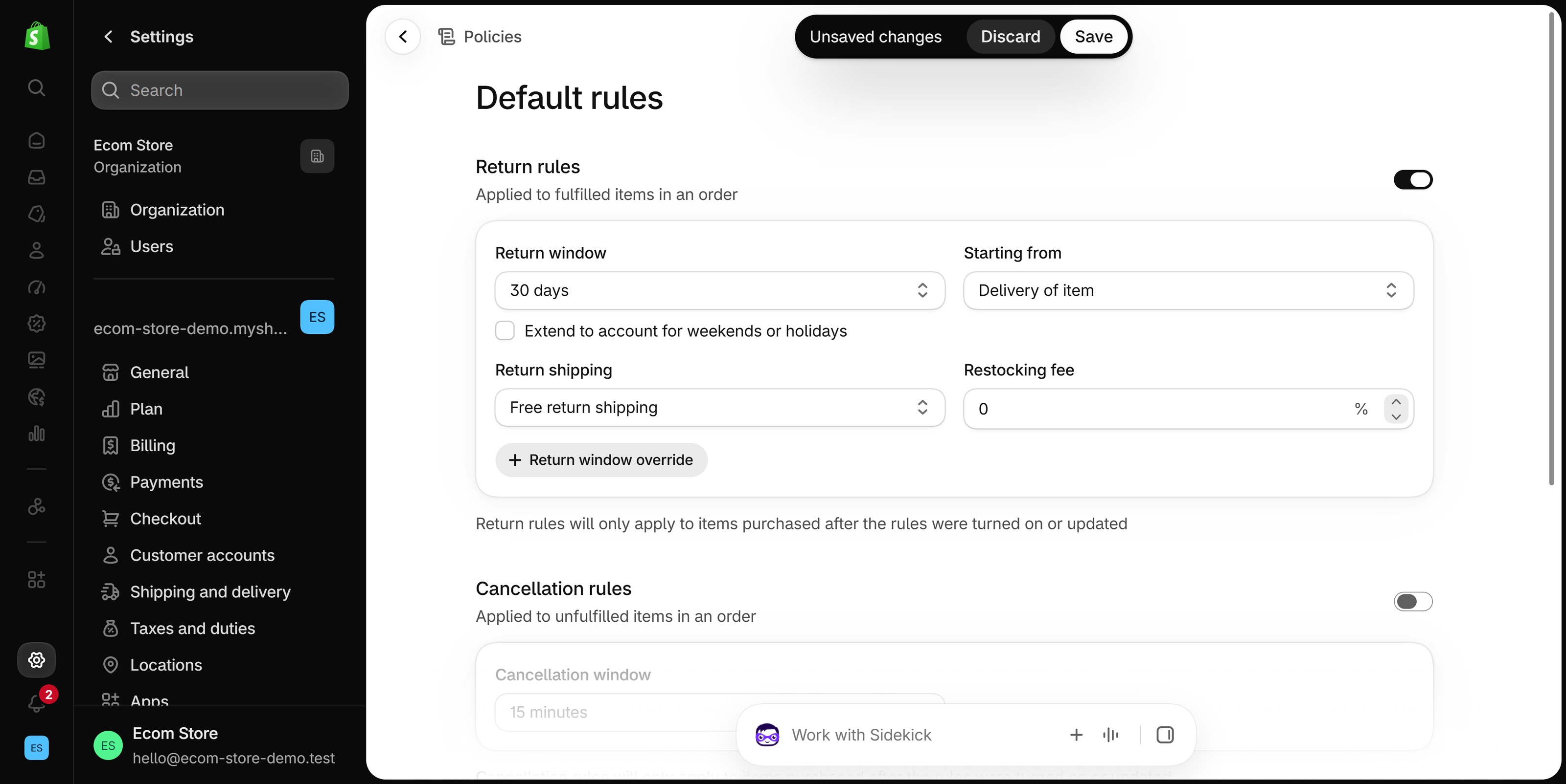 Default rules page under Settings Policies with Return rules switched on, showing Return window set to 30 days, Starting from set to Delivery of item, the Extend to account for weekends or holidays checkbox, and Return window override.