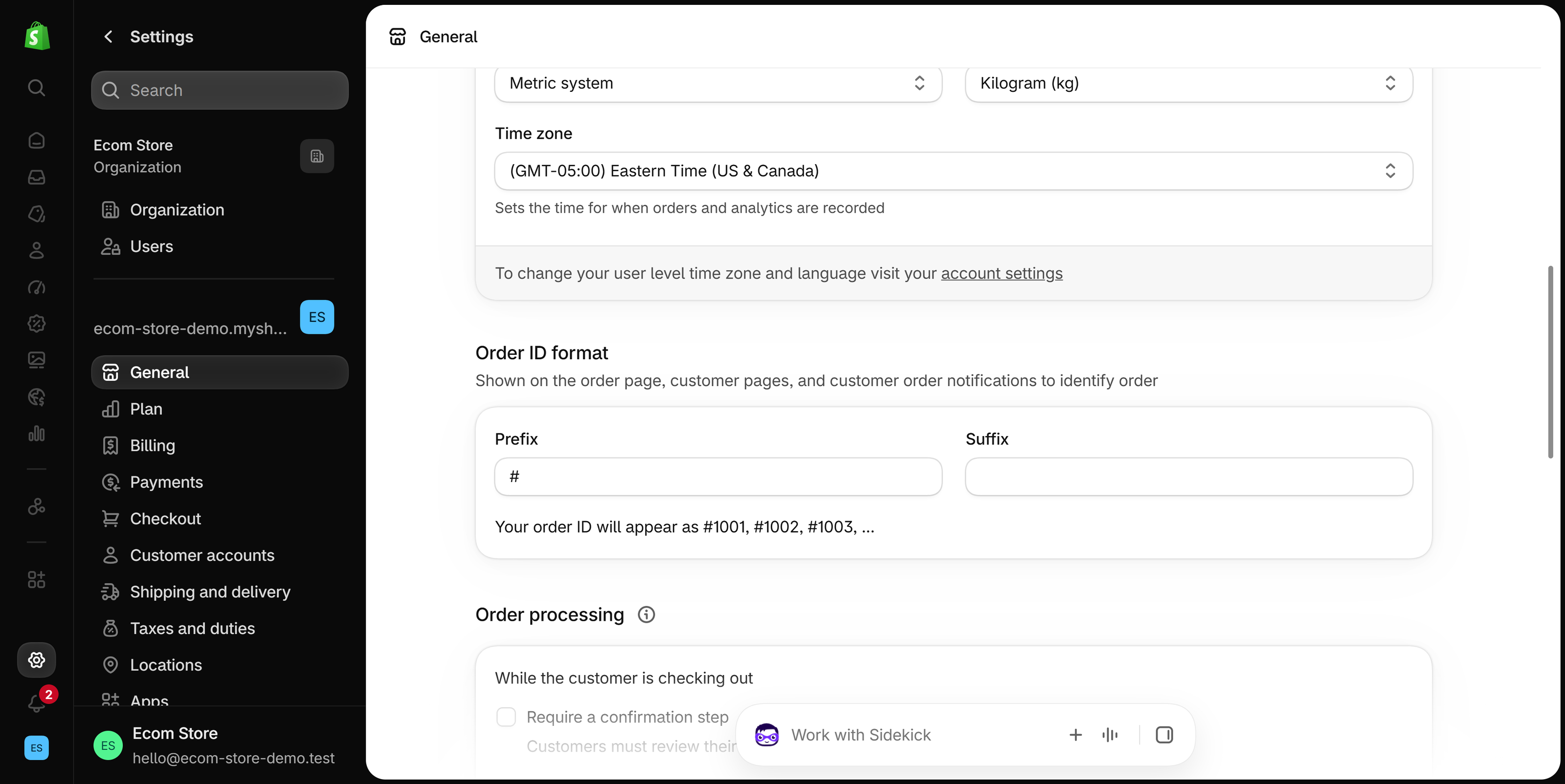Settings General page scrolled to the Time zone field set to Eastern Time (US & Canada), with the Order ID format section below it and the Settings menu on the left.