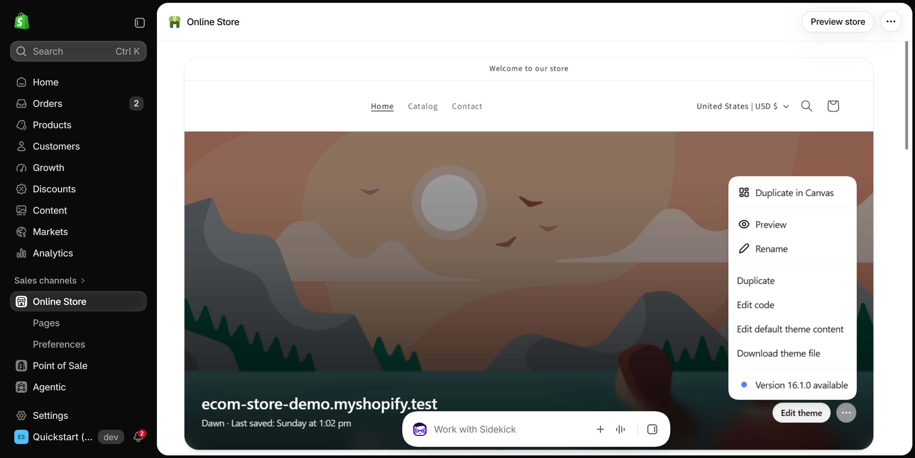 Themes page with the three-dot menu of the live theme open, listing Duplicate in Canvas, Preview, Rename, Duplicate, Edit code, Edit default theme content and Download theme file.