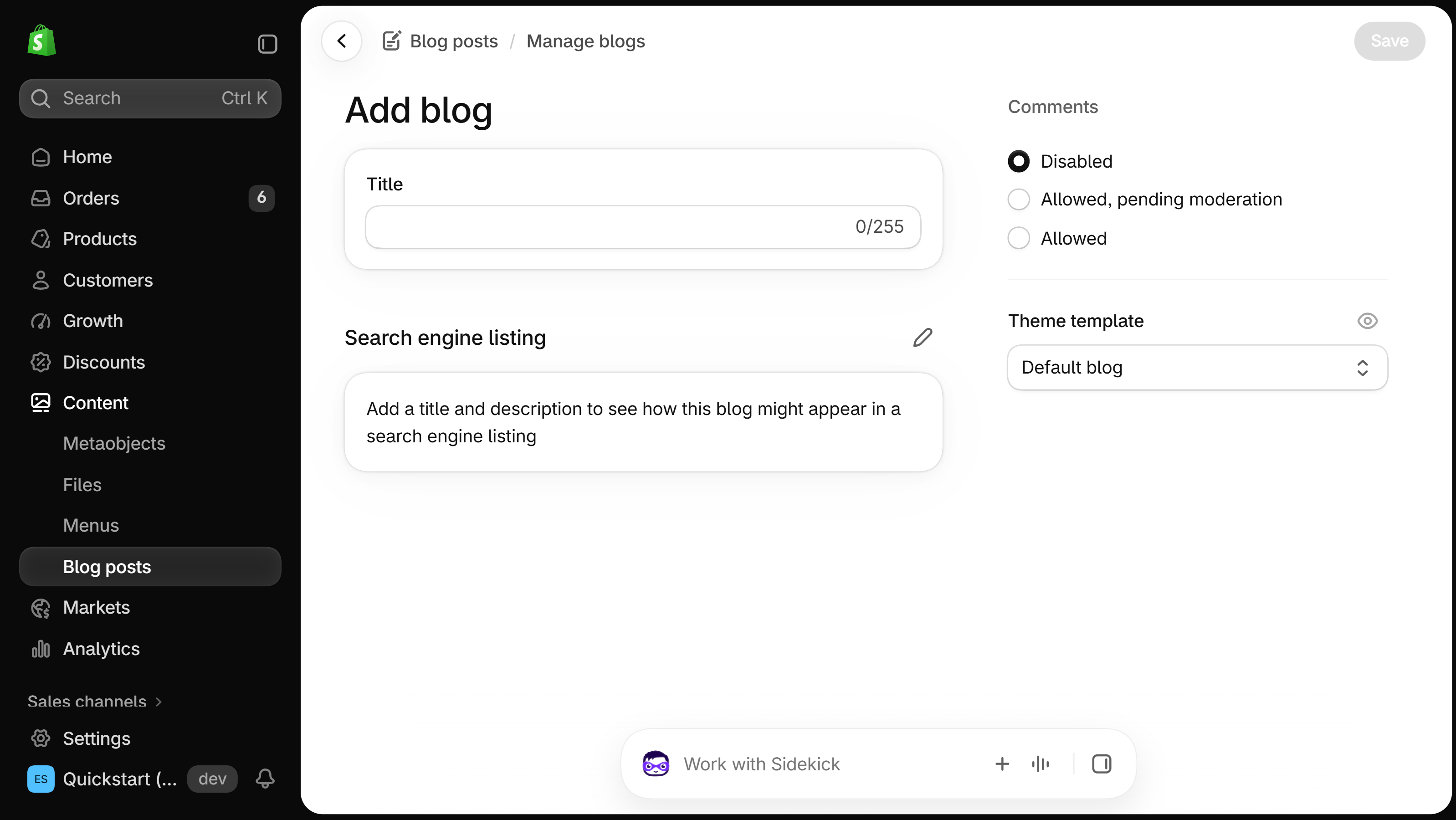 Shopify Add blog form with an empty Title field showing 0 of 255, a Comments block with Disabled selected and two Allowed options, a Theme template set to Default blog, and a Search engine listing