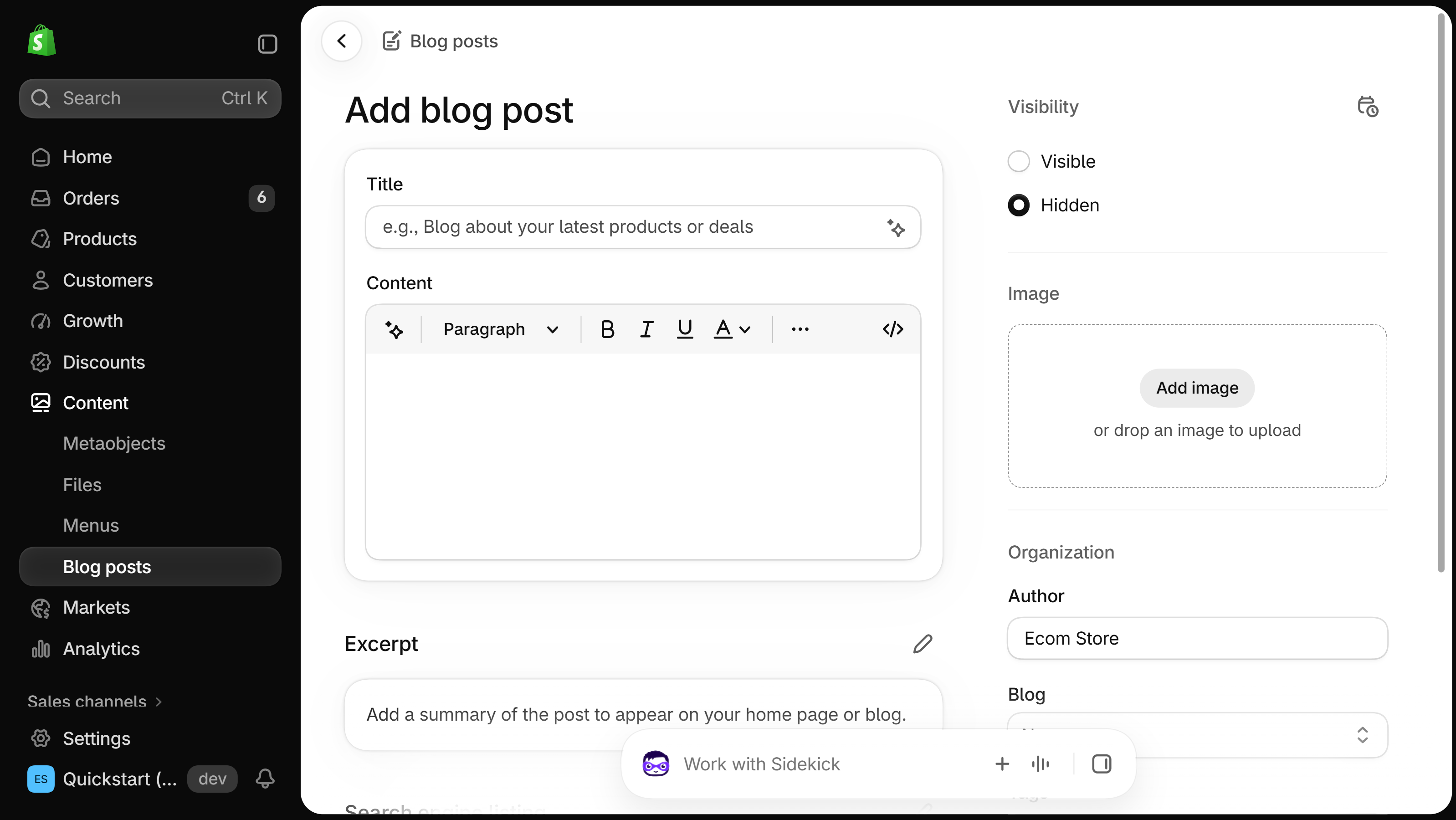 Shopify Add blog post form with Title, a rich text Content editor, Excerpt and Image on the left, and Visibility set to Hidden plus an Organization card with Author and Blog on the right