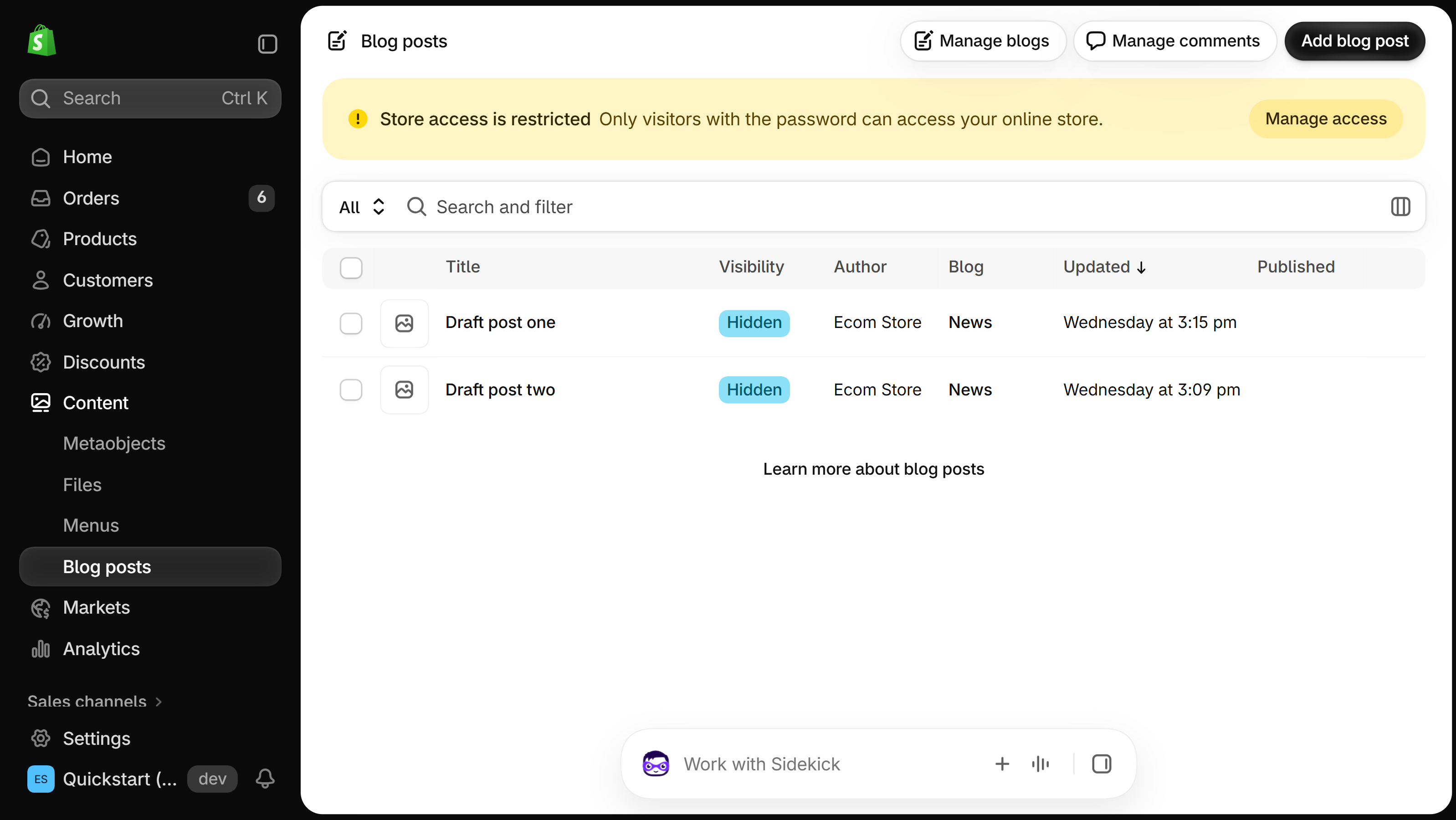 Shopify admin Content > Blog posts page listing two hidden posts in the News blog, with Manage blogs, Manage comments and Add blog post buttons