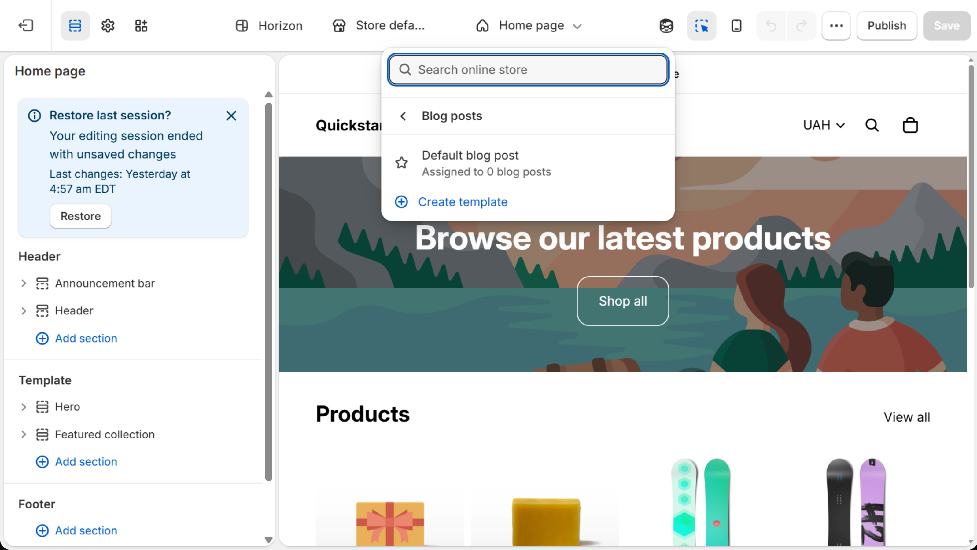 Shopify theme editor for the Horizon theme with the template drop-down open on Blog posts, showing Default blog post assigned to 0 blog posts and a Create template option
