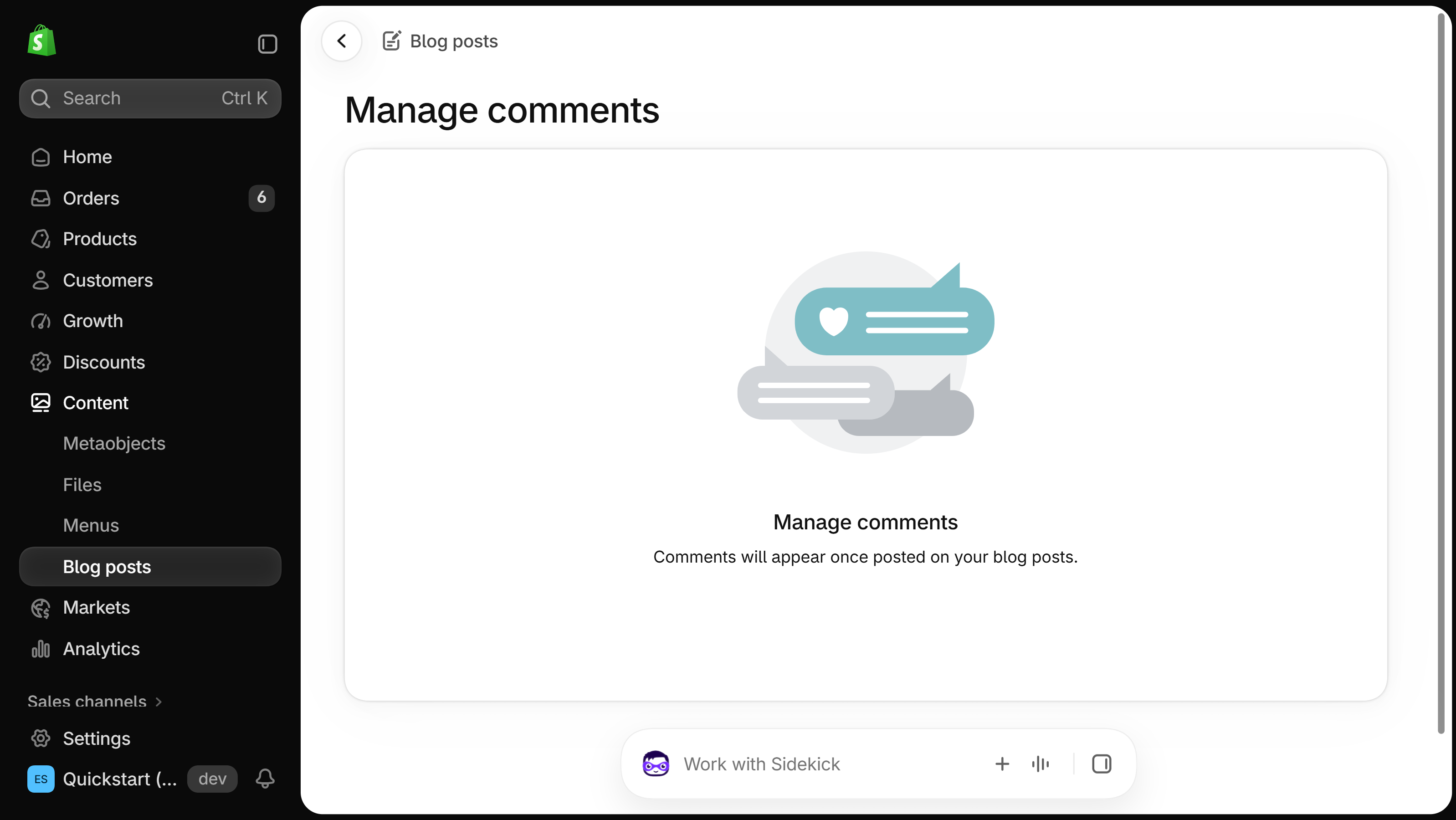 Shopify Manage comments page in its empty state, with the message that comments will appear once posted on your blog posts