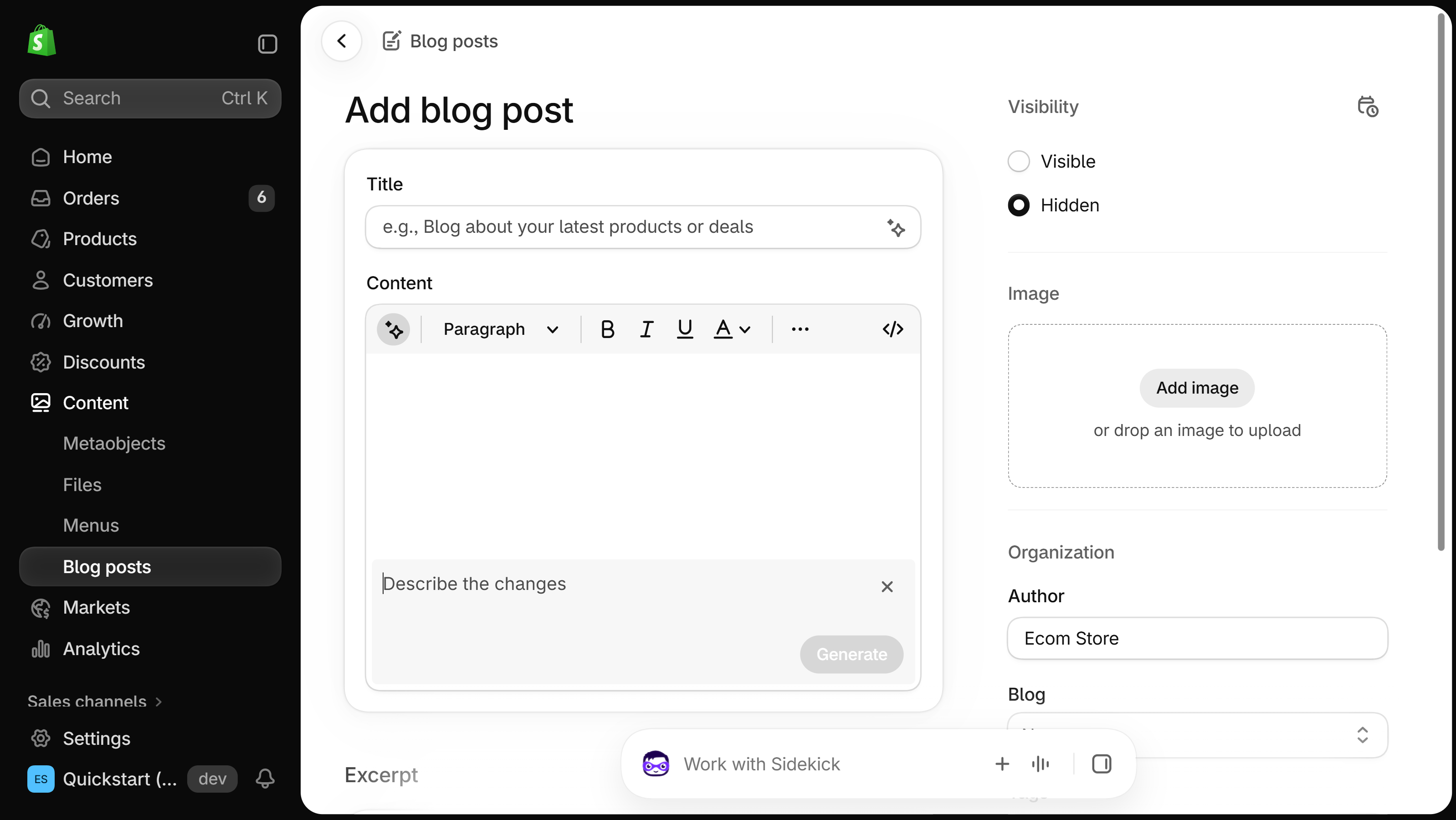 Shopify blog post content editor after clicking Generate text, showing a Describe the changes prompt field and a Generate button