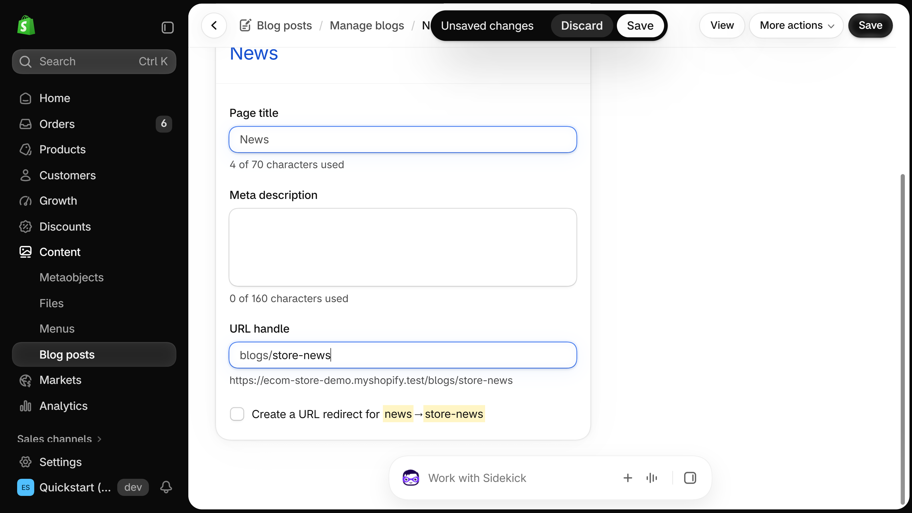 Search engine listing of the News blog in Shopify admin after its URL handle was changed to store-news, with an unchecked Create a URL redirect for news to store-news checkbox under the field