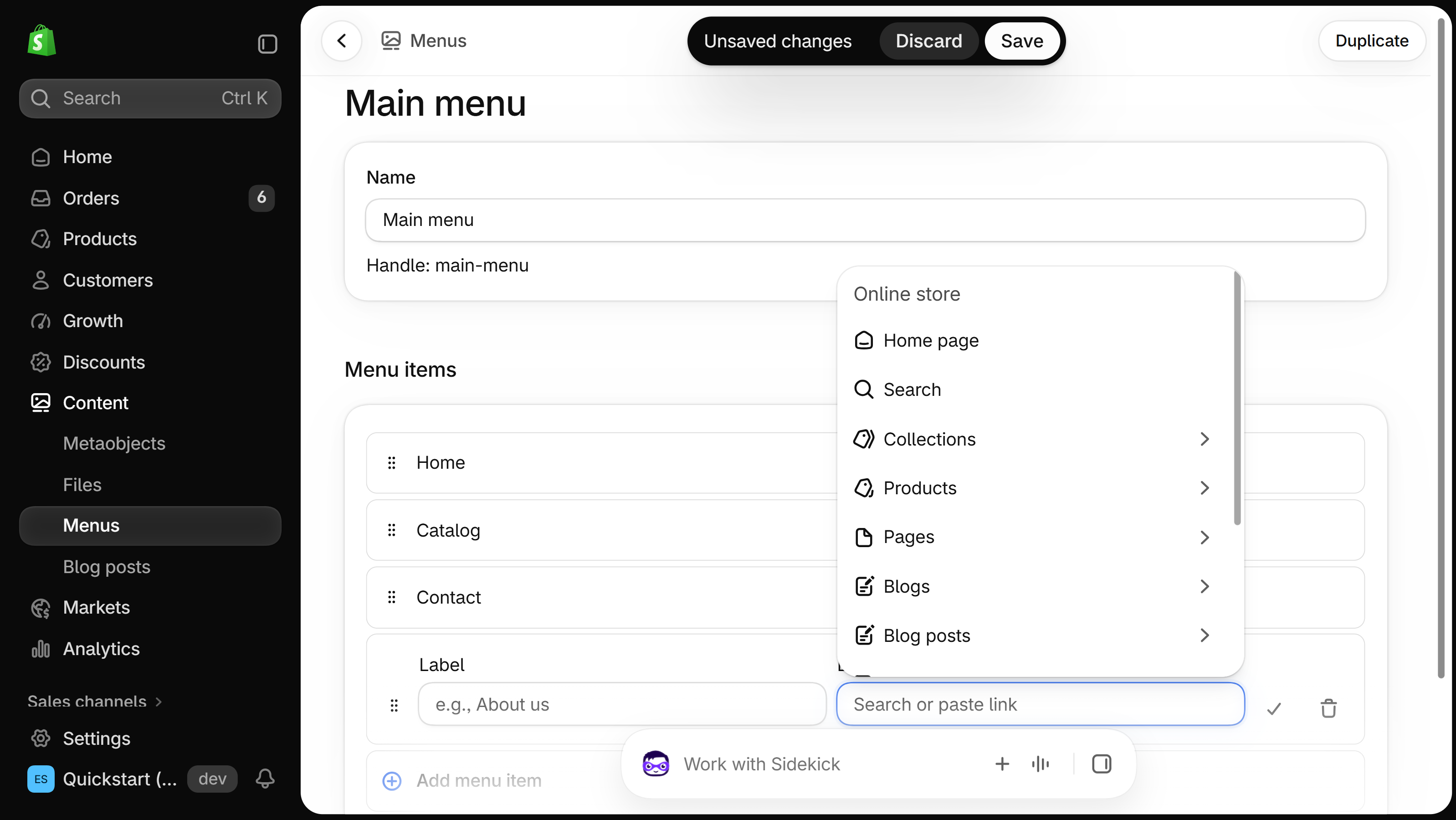 Shopify Main menu editor after clicking Add menu item, with the Link field's picker open on Home page, Search, Collections, Products, Pages, Blogs and Blog posts