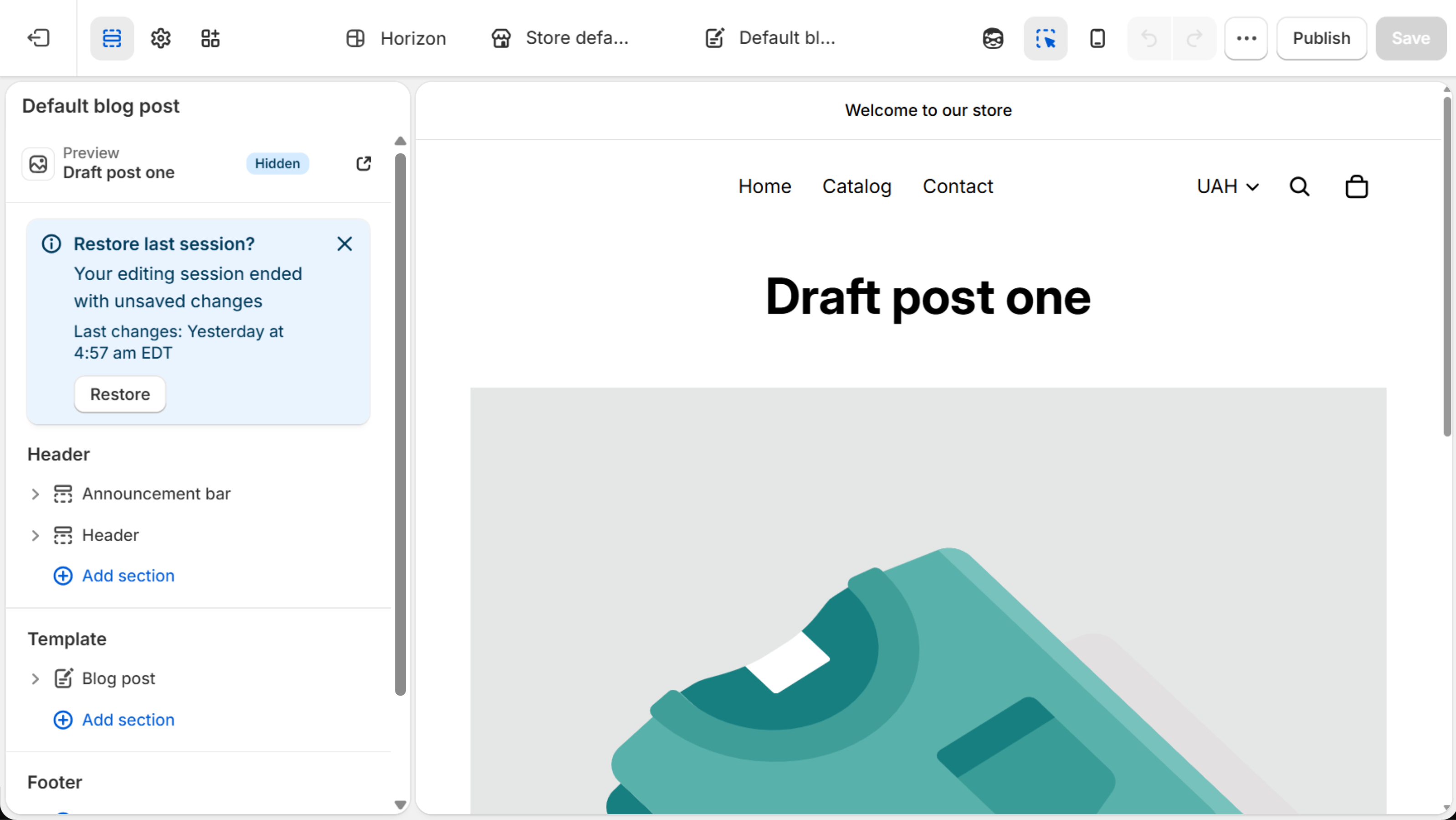 Default blog post template open in the Horizon theme editor, with a Blog post section in the Template group and a preview of a test post