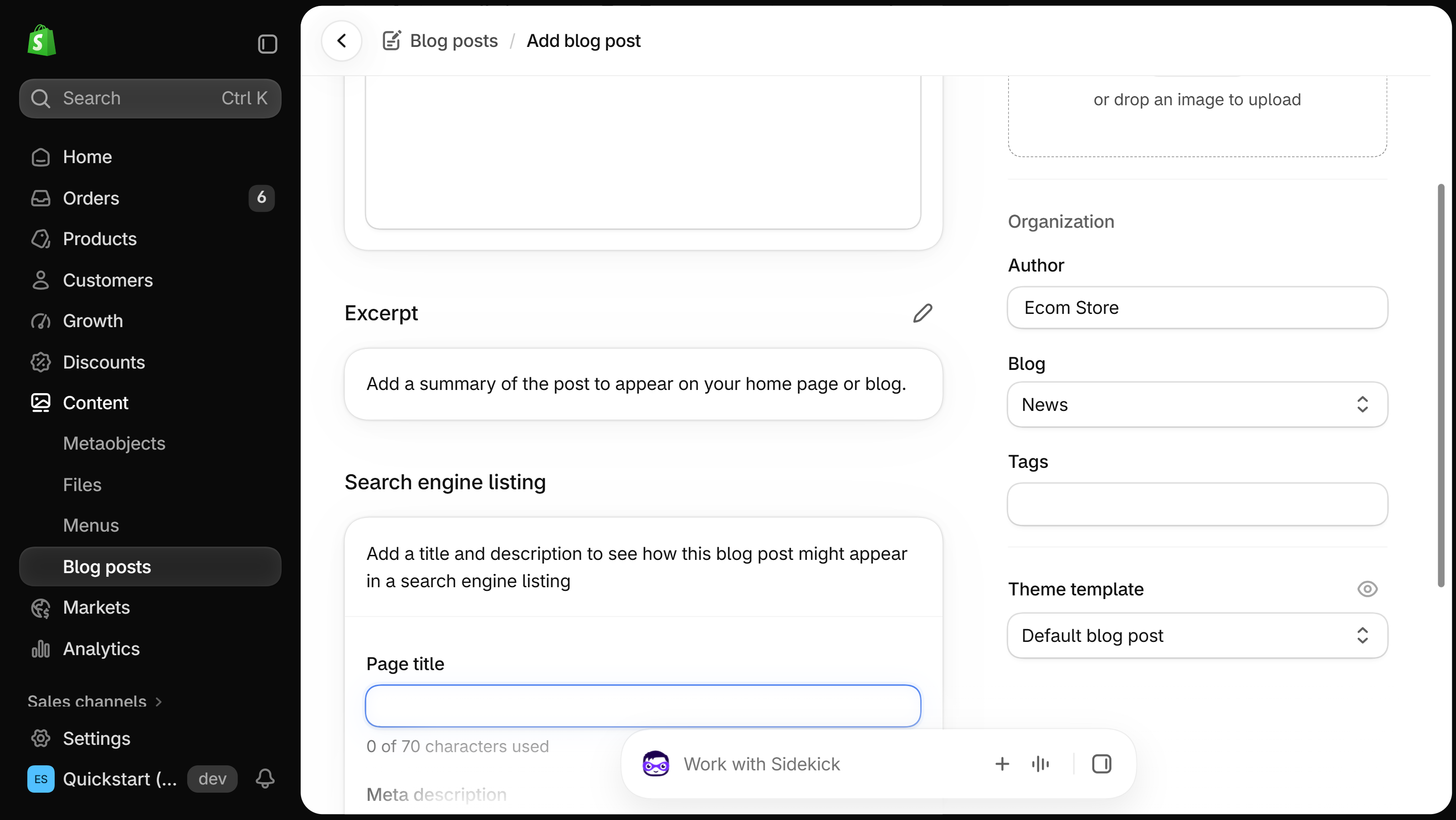 Search engine listing of a new Shopify blog post opened for editing, with a Page title field counting 0 of 70 characters, and Author, Blog, Tags and Theme template on the right