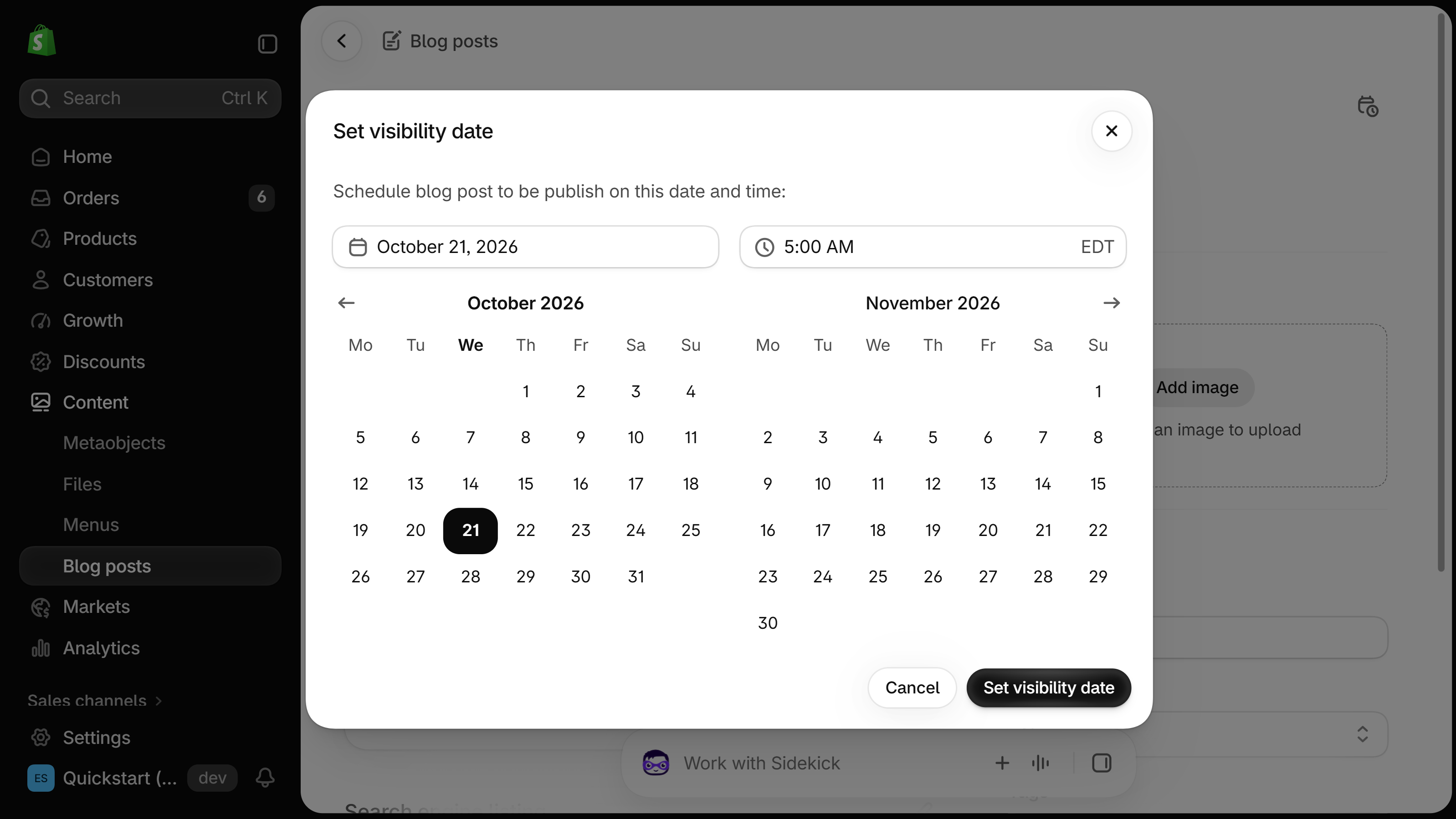 Set visibility date dialog on a Shopify blog post with date and time fields, the store time zone, and Cancel and Set visibility date buttons