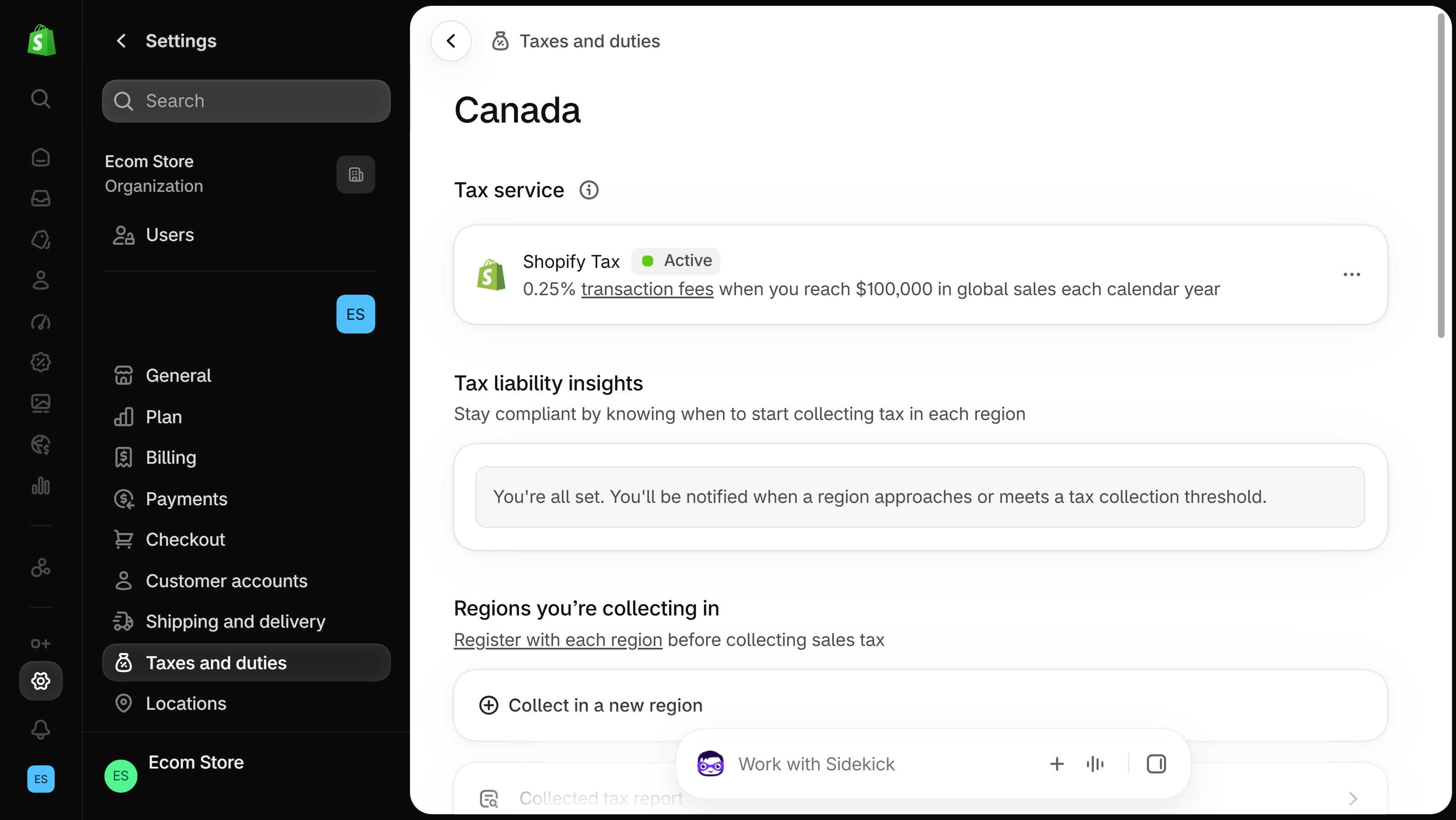 Shopify admin Canada tax page: the Shopify Tax service card marked Active, the Tax liability insights block, and the Regions you're collecting in section with a Collect in a new region button