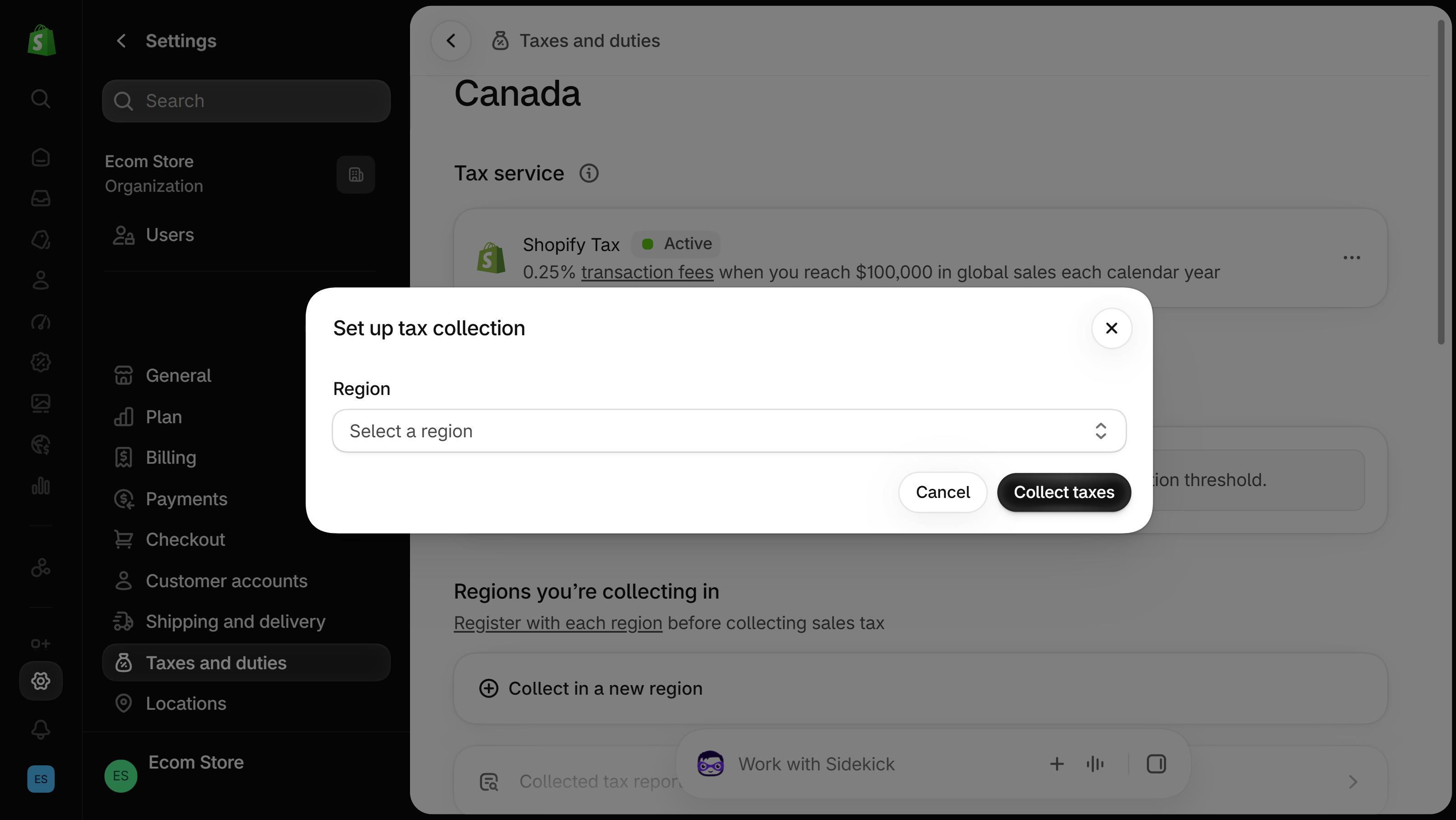 Shopify admin dialog titled Set up tax collection over the Canada tax page, with a Region dropdown reading Select a region and Cancel and Collect taxes buttons