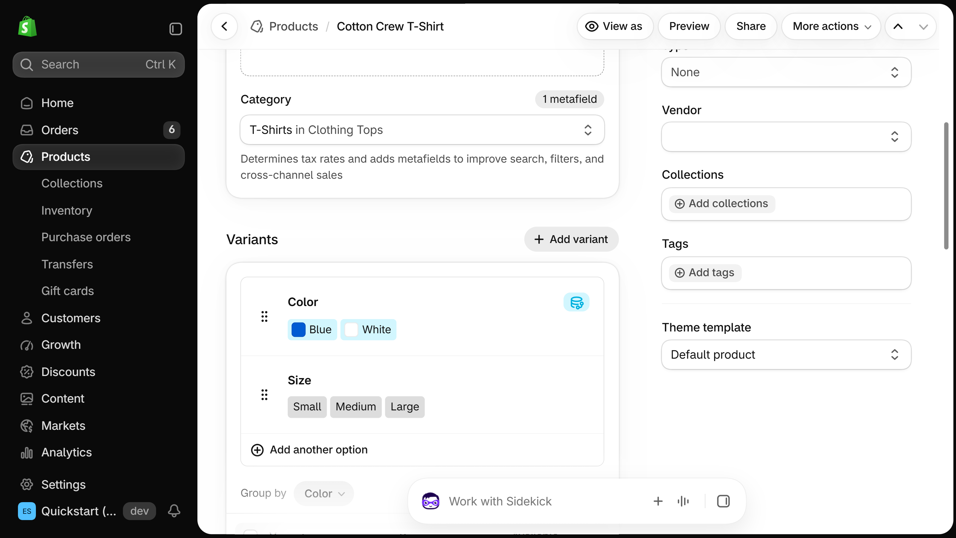 Shopify admin product page for a T-shirt with the Category field set to T-Shirts in Clothing Tops and the note Determines tax rates and adds metafields to improve search, filters, and cross-channel sales