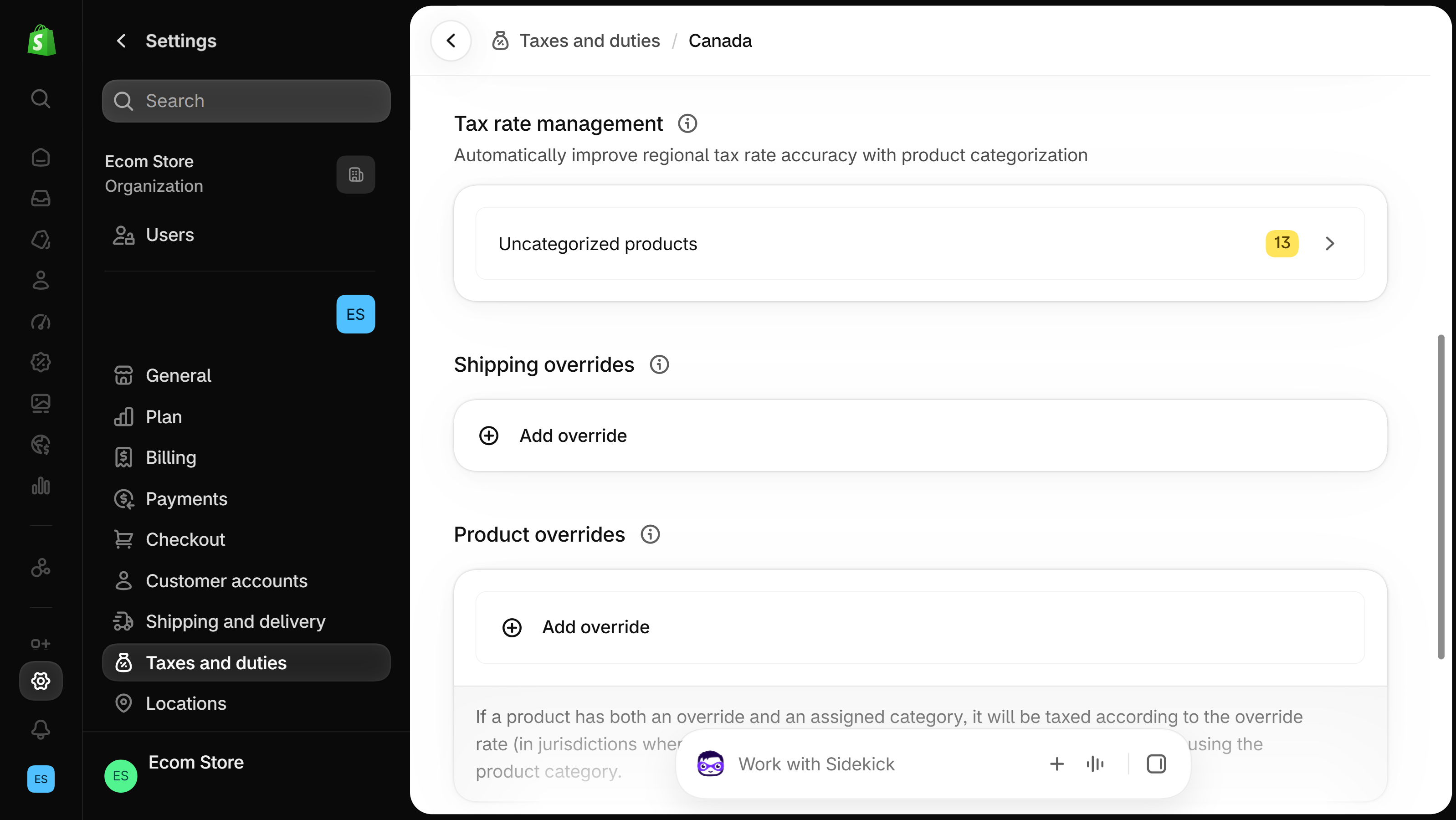 Shopify admin Canada tax page scrolled to Tax rate management with an Uncategorized products count, then Shipping overrides and Product overrides, each with an Add override button