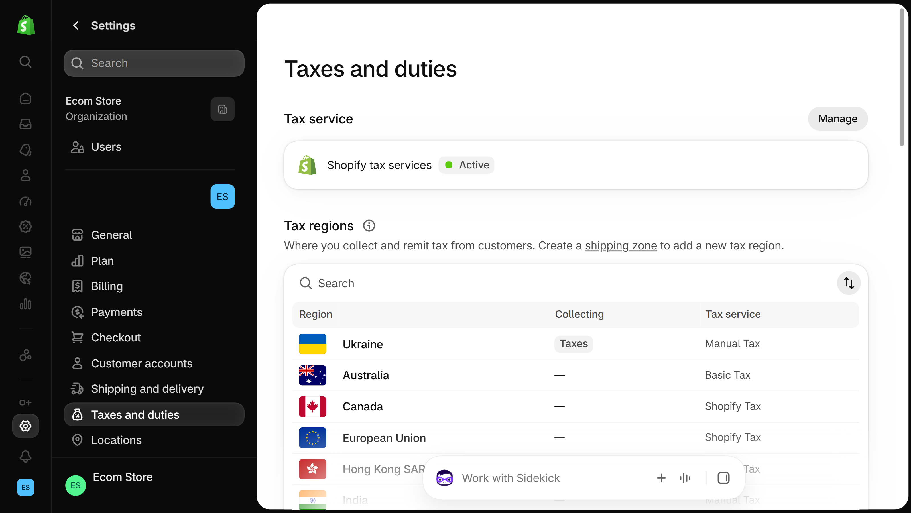 Shopify admin Settings, Taxes and duties page: the Tax service card above the Tax regions table, where the Canada row shows Shopify Tax in the Tax service column and a dash under Collecting